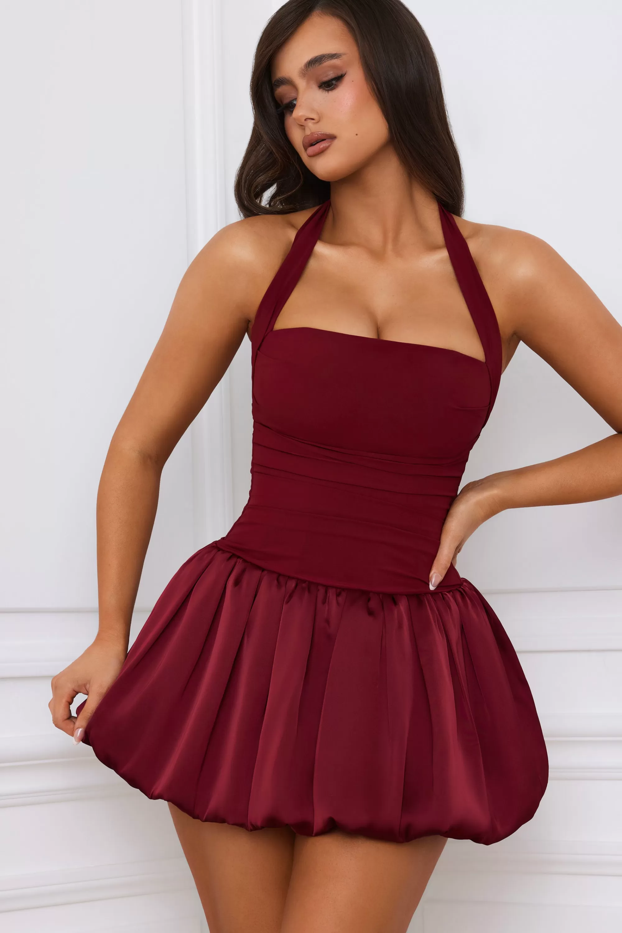 Oh Polly Halterneck Lace-Up Bubble Hem Corset Micro Mini Dress in Berry Red BerryRed Best Sale