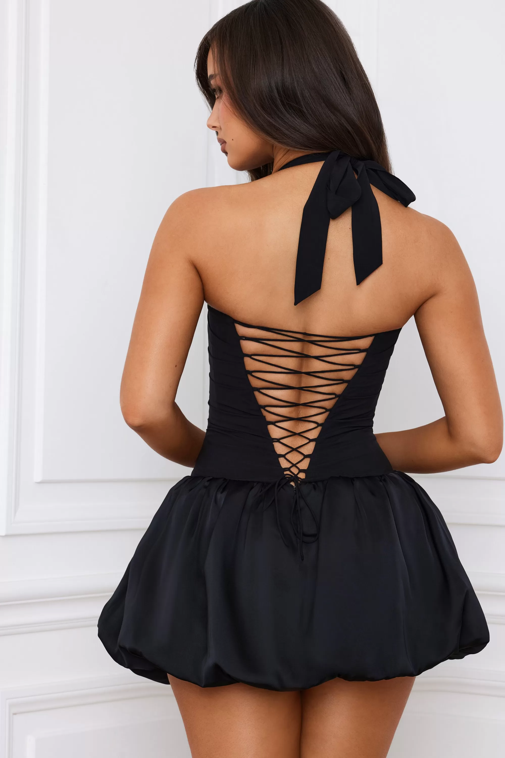 Oh Polly Halterneck Lace-Up Bubble Hem Corset Micro Mini Dress in Black Online