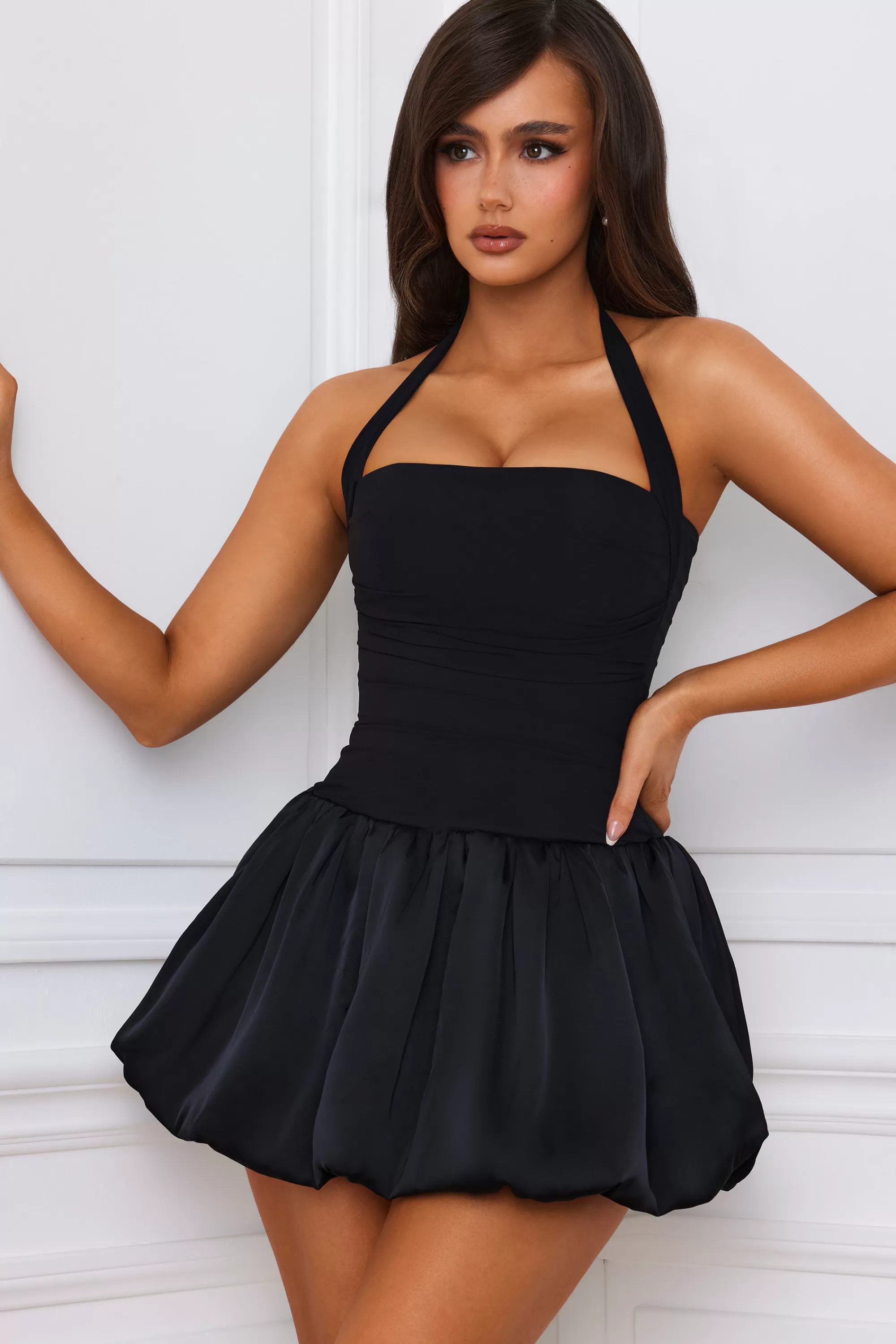 Oh Polly Halterneck Lace-Up Bubble Hem Corset Micro Mini Dress in Black Online