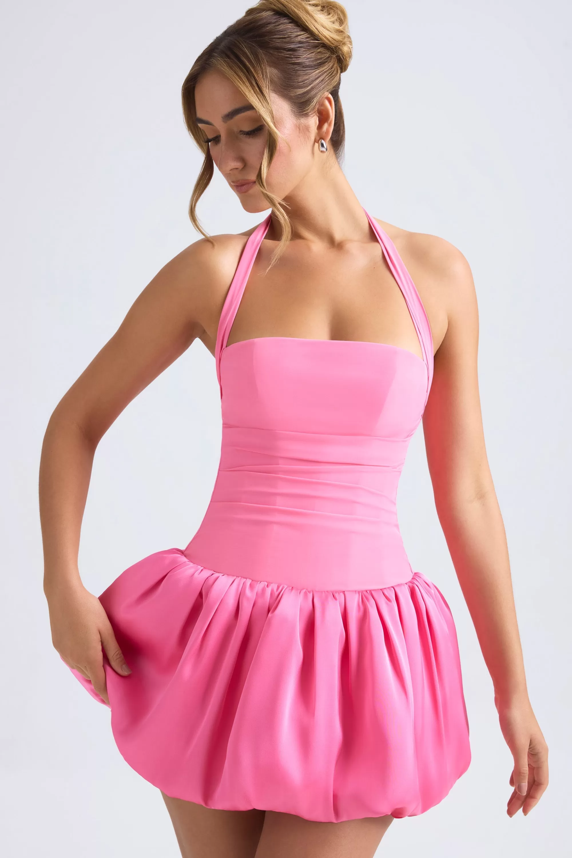 Oh Polly Halterneck Lace-Up Bubble Hem Corset Micro Mini Dress in Hot Pink HotPink Outlet