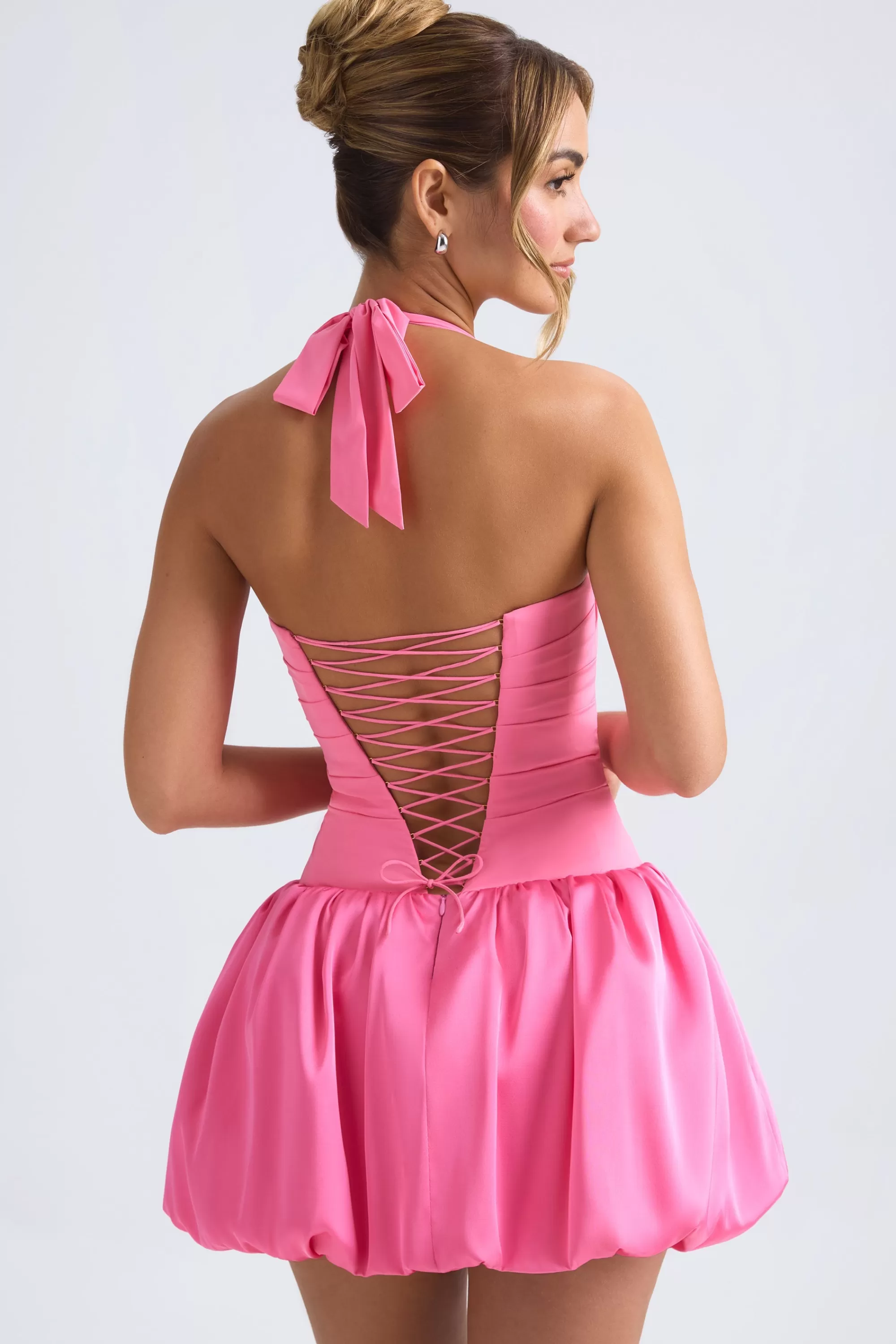 Oh Polly Halterneck Lace-Up Bubble Hem Corset Micro Mini Dress in Hot Pink HotPink Outlet