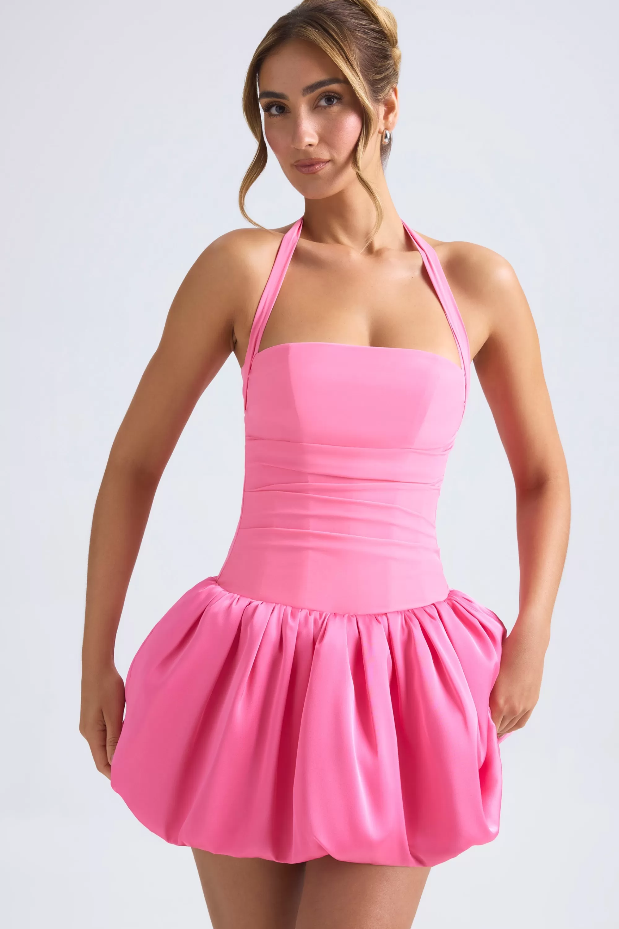 Oh Polly Halterneck Lace-Up Bubble Hem Corset Micro Mini Dress in Hot Pink HotPink Outlet