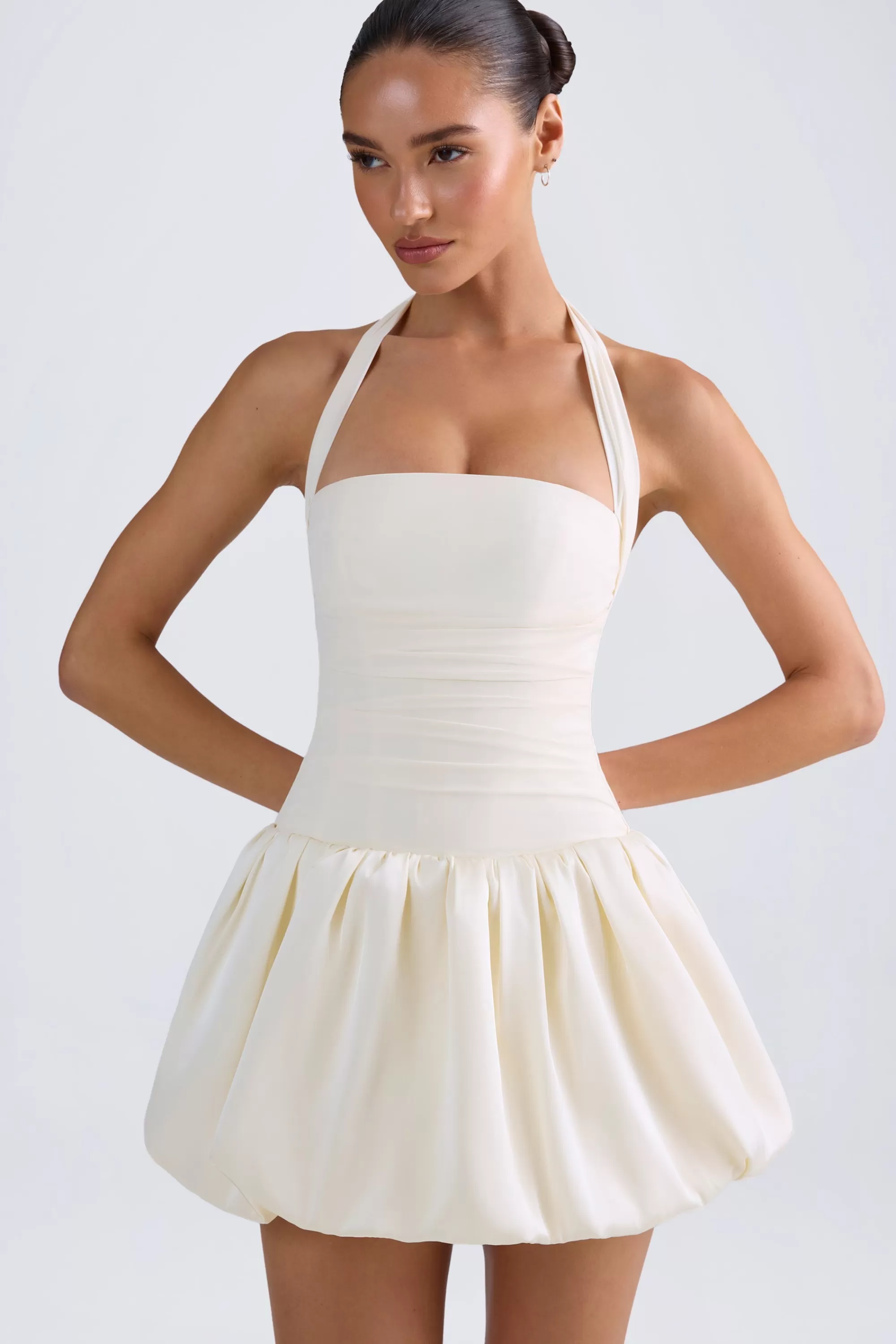 Oh Polly Halterneck Lace-Up Bubble Hem Corset Micro Mini Dress in Ivory Fashion
