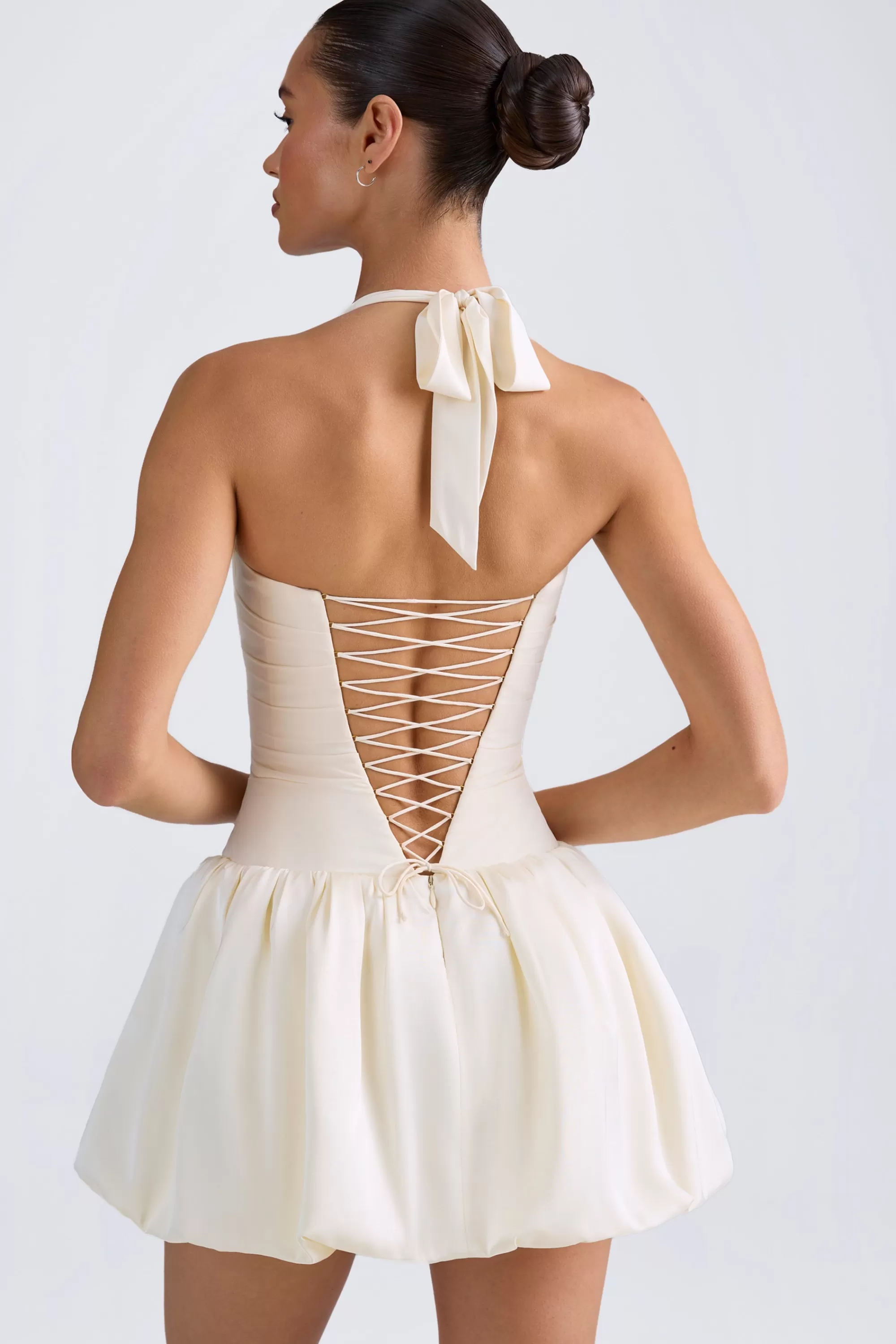 Oh Polly Halterneck Lace-Up Bubble Hem Corset Micro Mini Dress in Ivory Fashion