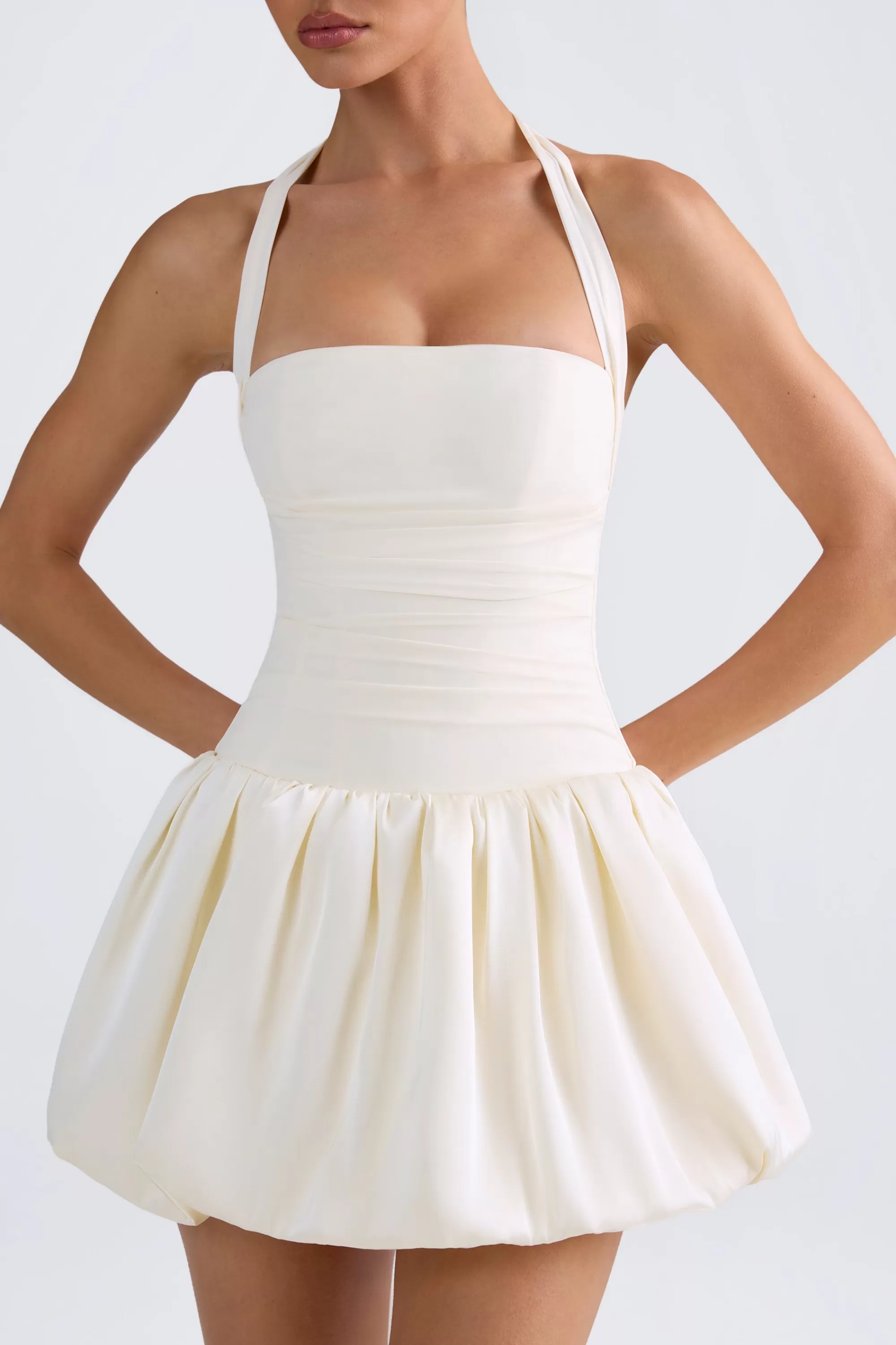 Oh Polly Halterneck Lace-Up Bubble Hem Corset Micro Mini Dress in Ivory Fashion
