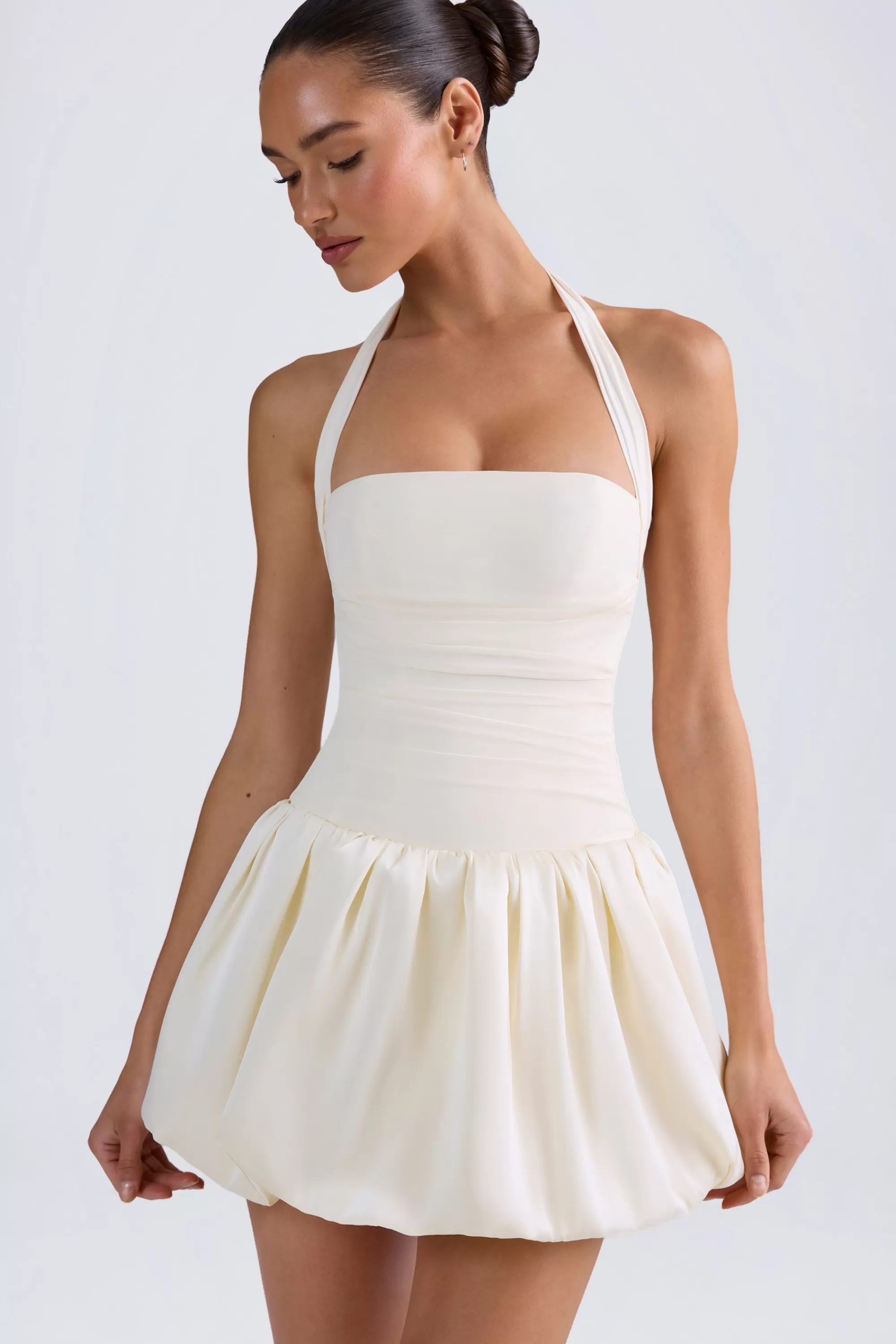 Oh Polly Halterneck Lace-Up Bubble Hem Corset Micro Mini Dress in Ivory Fashion