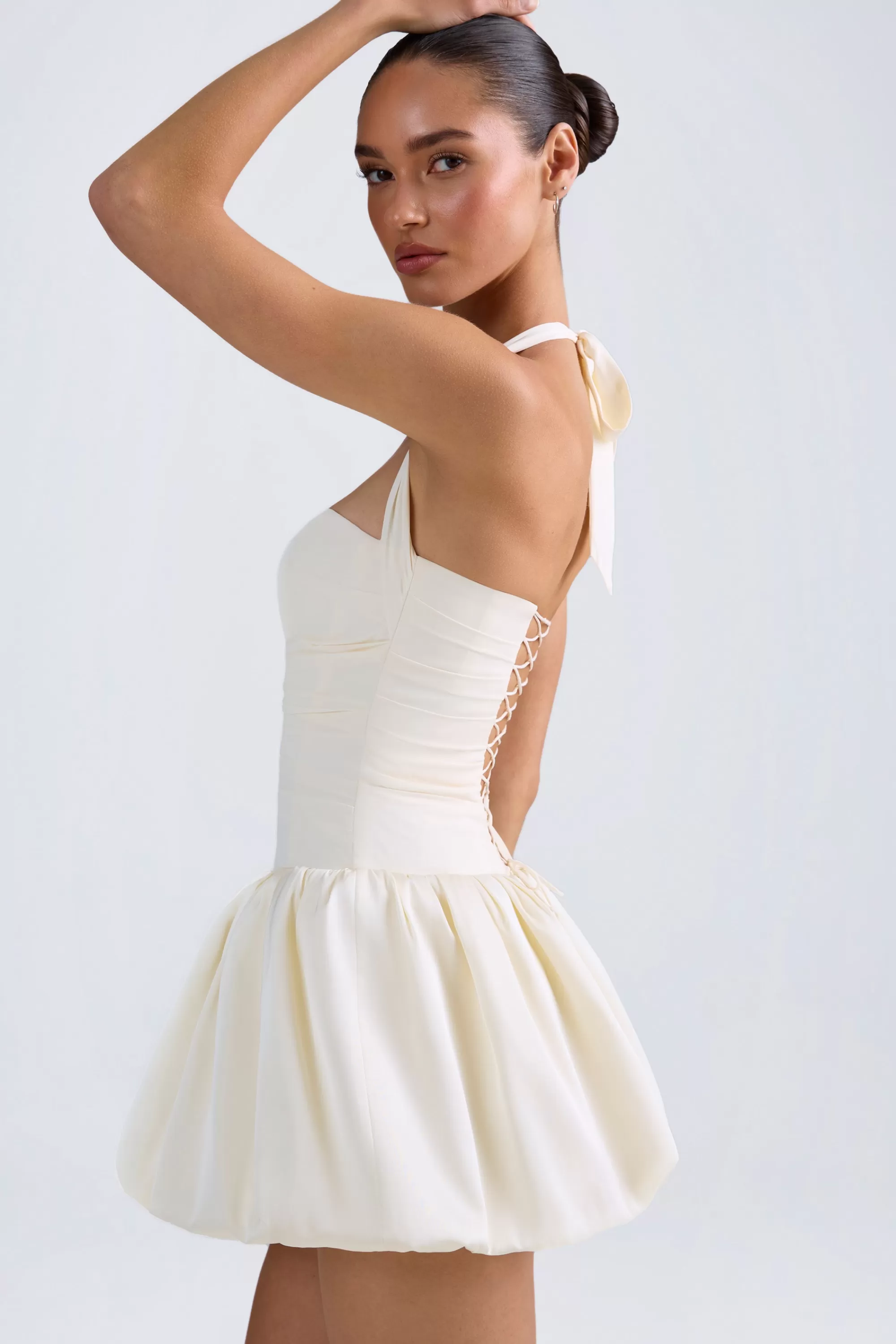 Oh Polly Halterneck Lace-Up Bubble Hem Corset Micro Mini Dress in Ivory Fashion