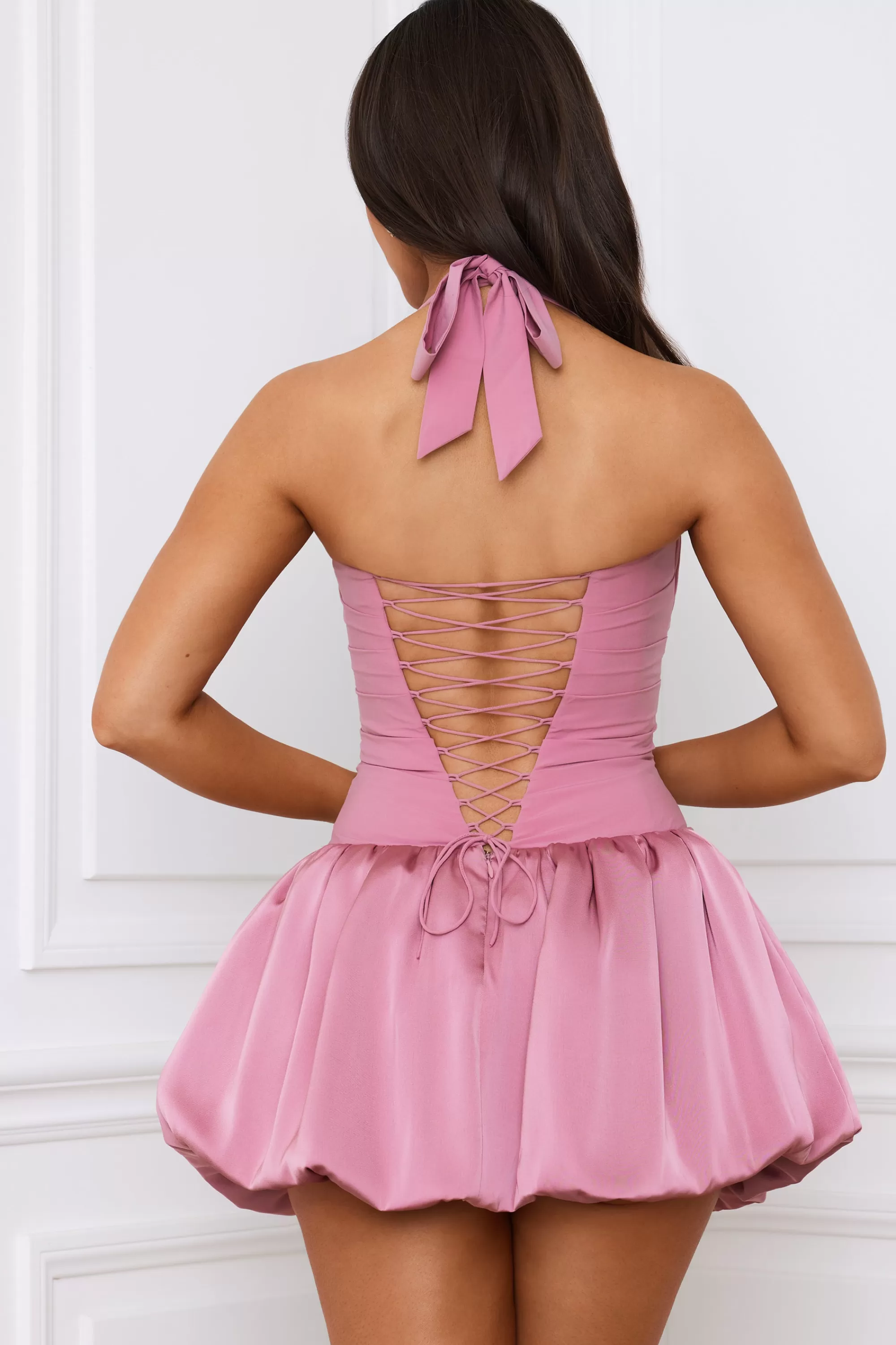 Oh Polly Halterneck Lace-Up Bubble Hem Corset Micro Mini Dress in Mauve Sale