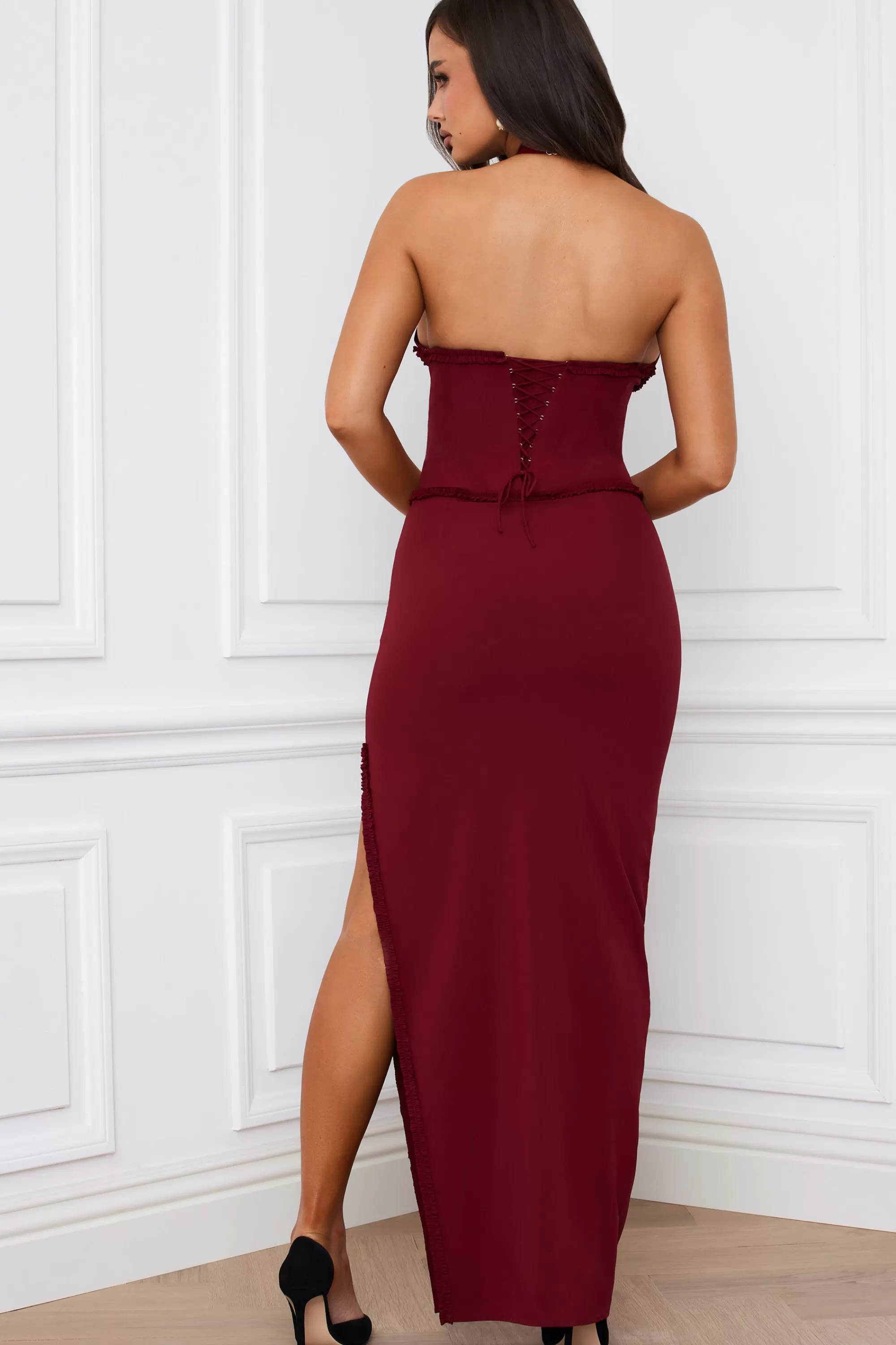 Oh Polly Halterneck Lace-Up Corset Maxi Dress in Berry Red BerryRed Cheap
