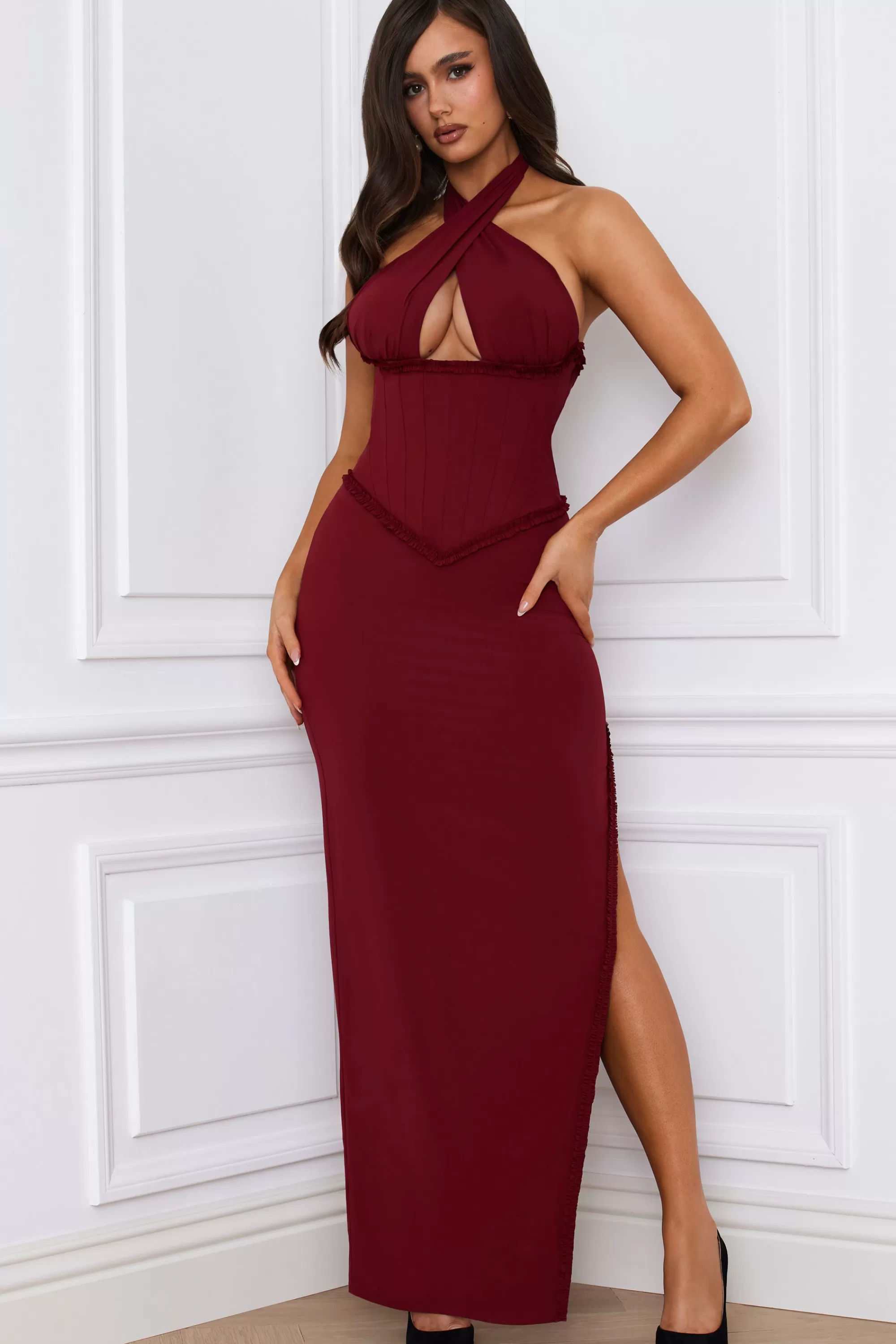 Oh Polly Halterneck Lace-Up Corset Maxi Dress in Berry Red BerryRed Cheap
