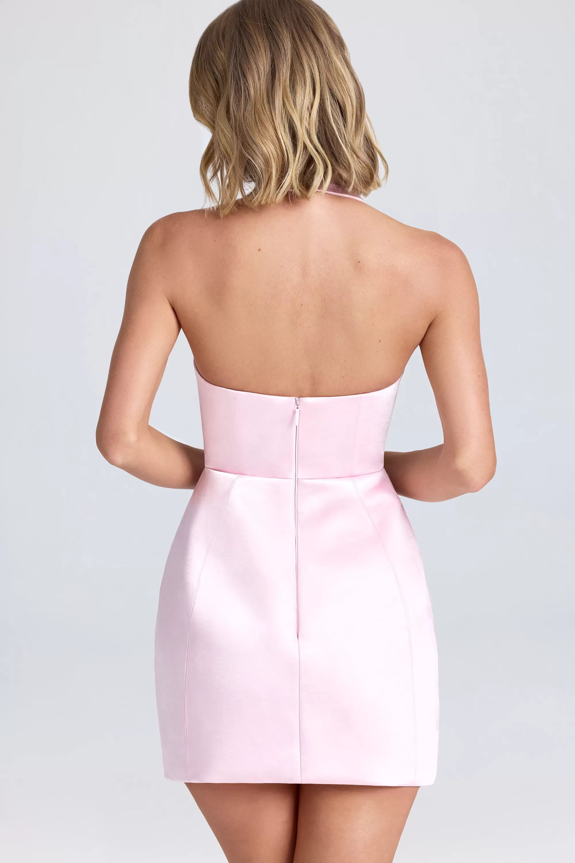 Oh Polly Halterneck Structured Tulip Mini Dress in Blush Fashion