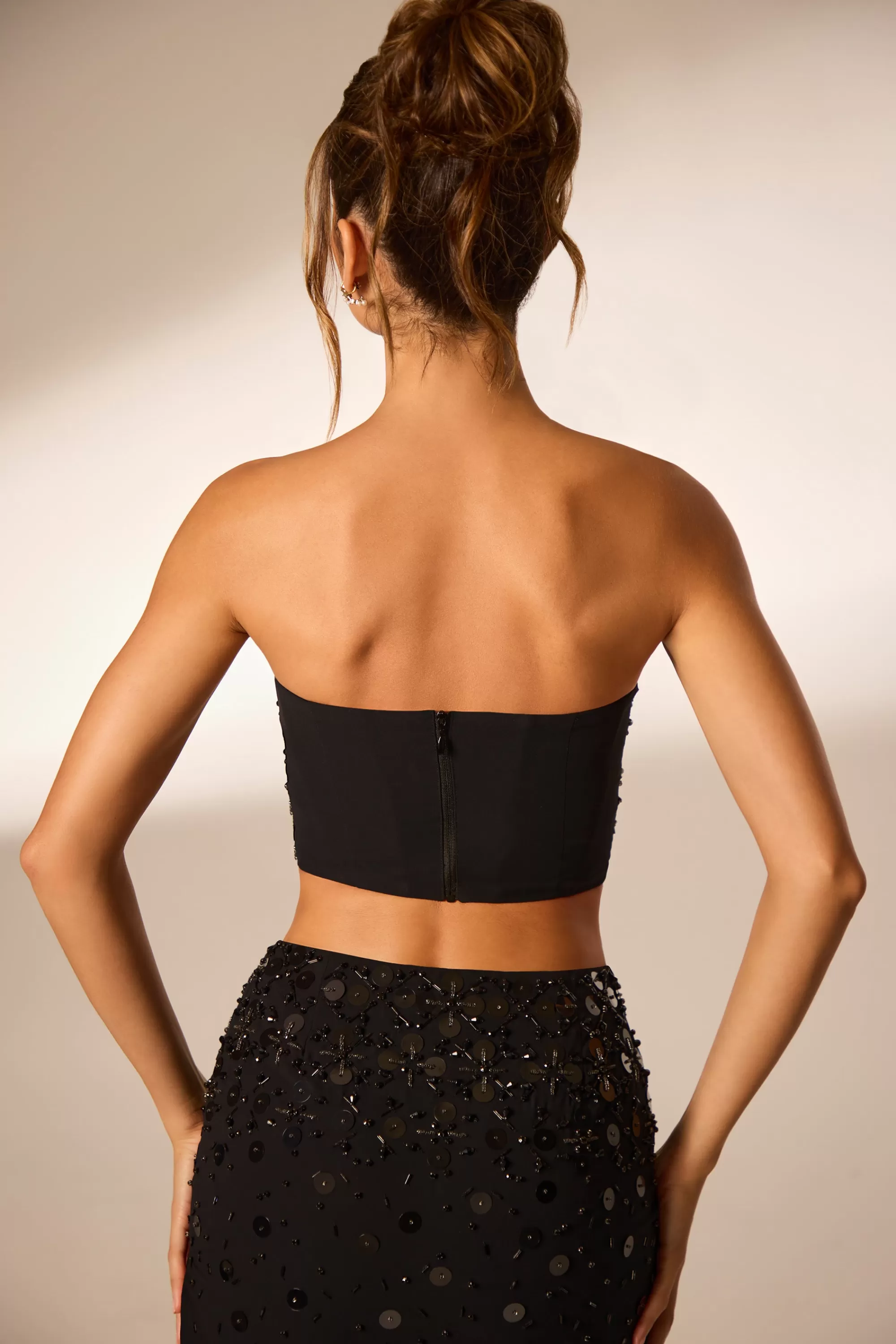 Oh Polly Hand Embellished Bandeau Corset Crop Top in Black New