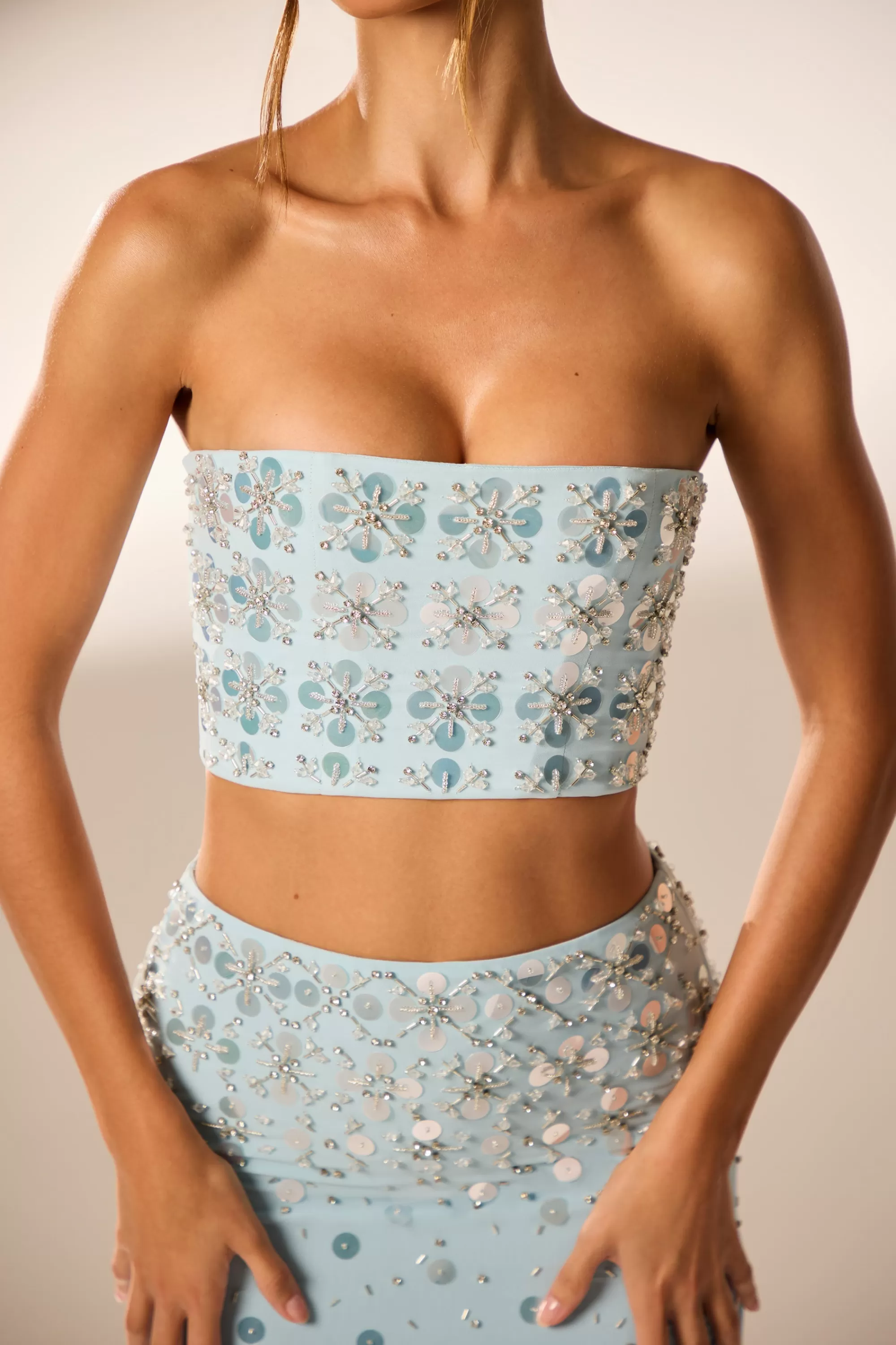 Oh Polly Hand Embellished Bandeau Corset Crop Top in Blue Best