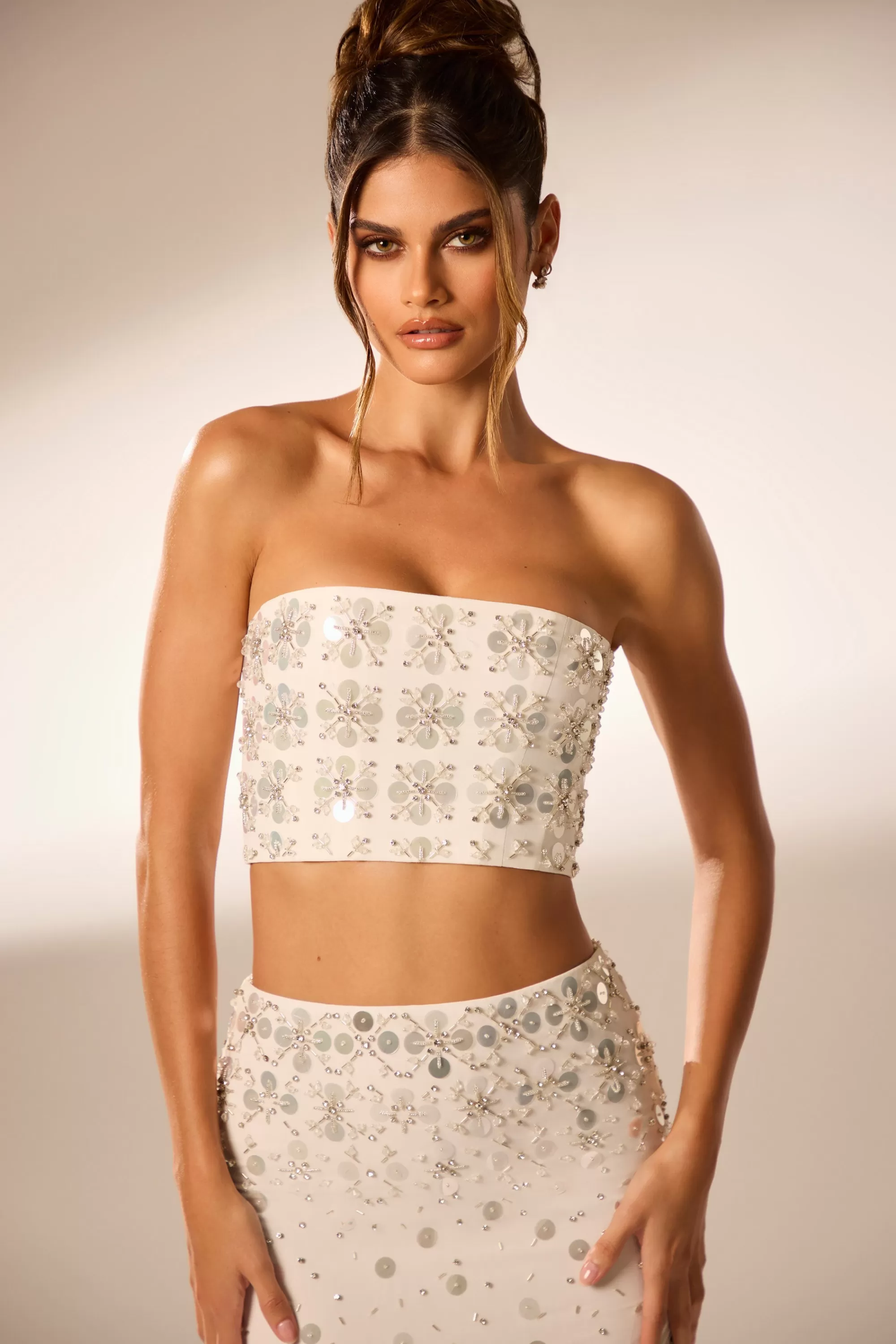Oh Polly Hand Embellished Bandeau Corset Crop Top in Ivory Best Sale