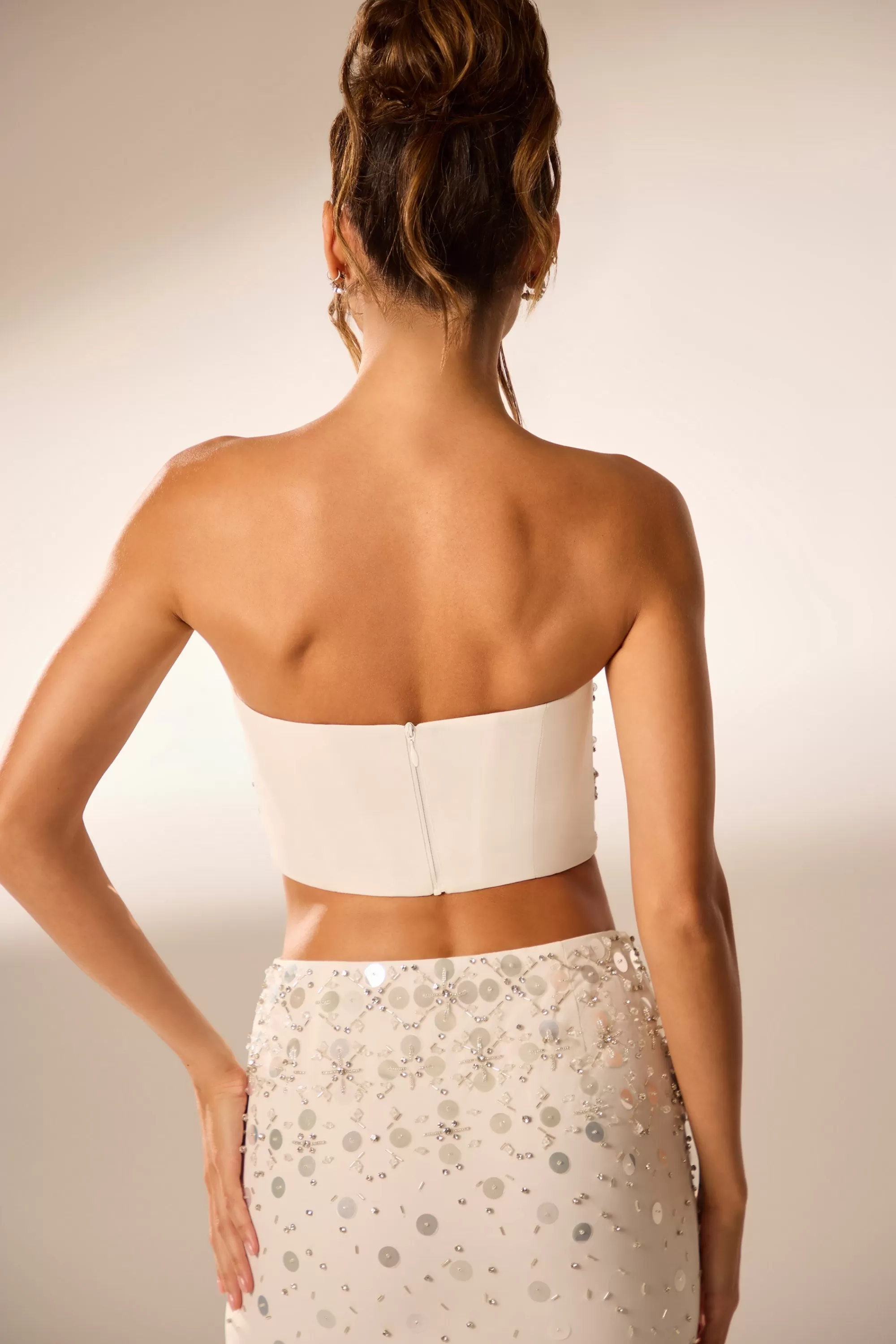 Oh Polly Hand Embellished Bandeau Corset Crop Top in Ivory Best Sale