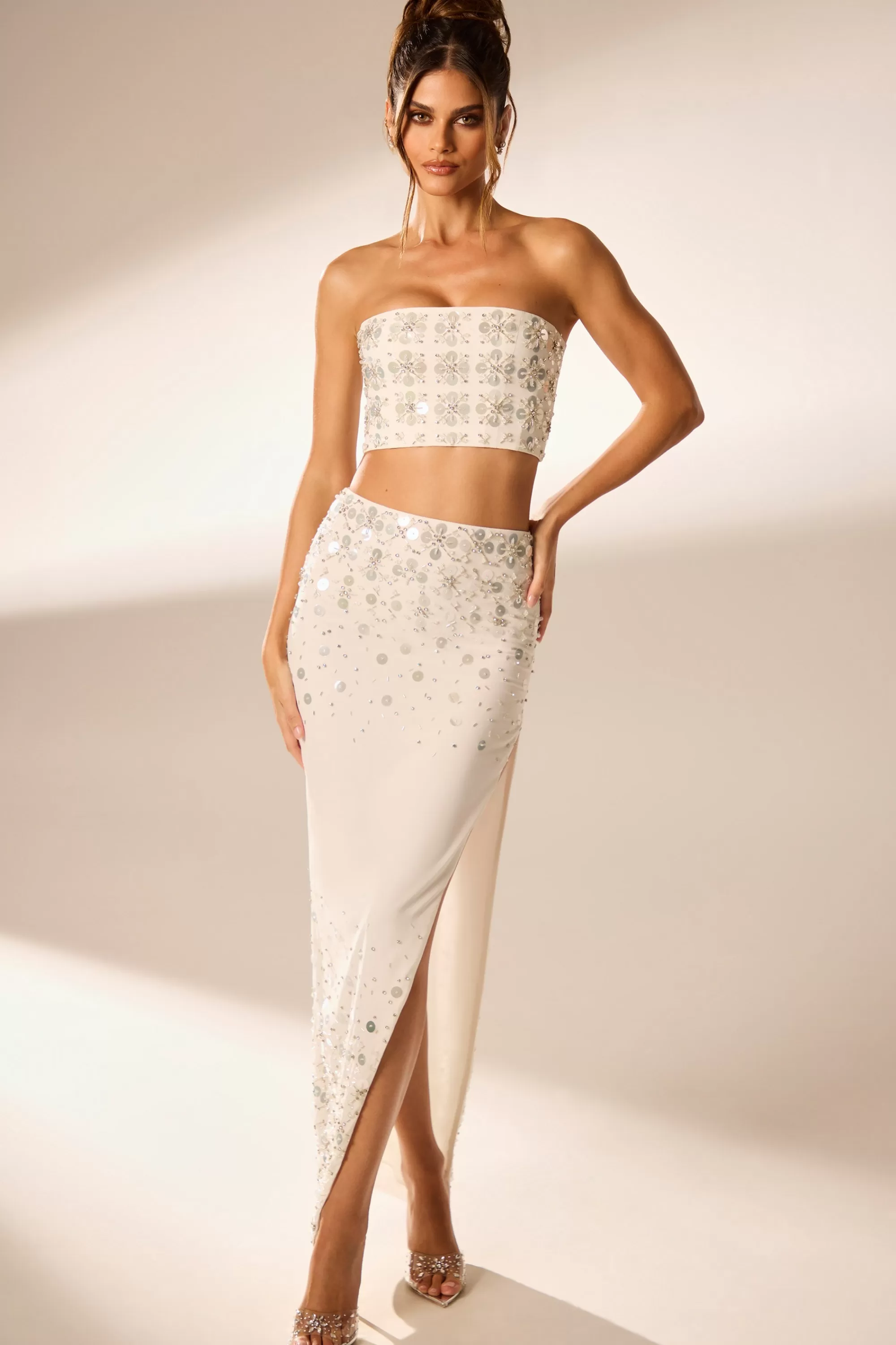 Oh Polly Hand Embellished Maxi Skirt in Ivory Sale