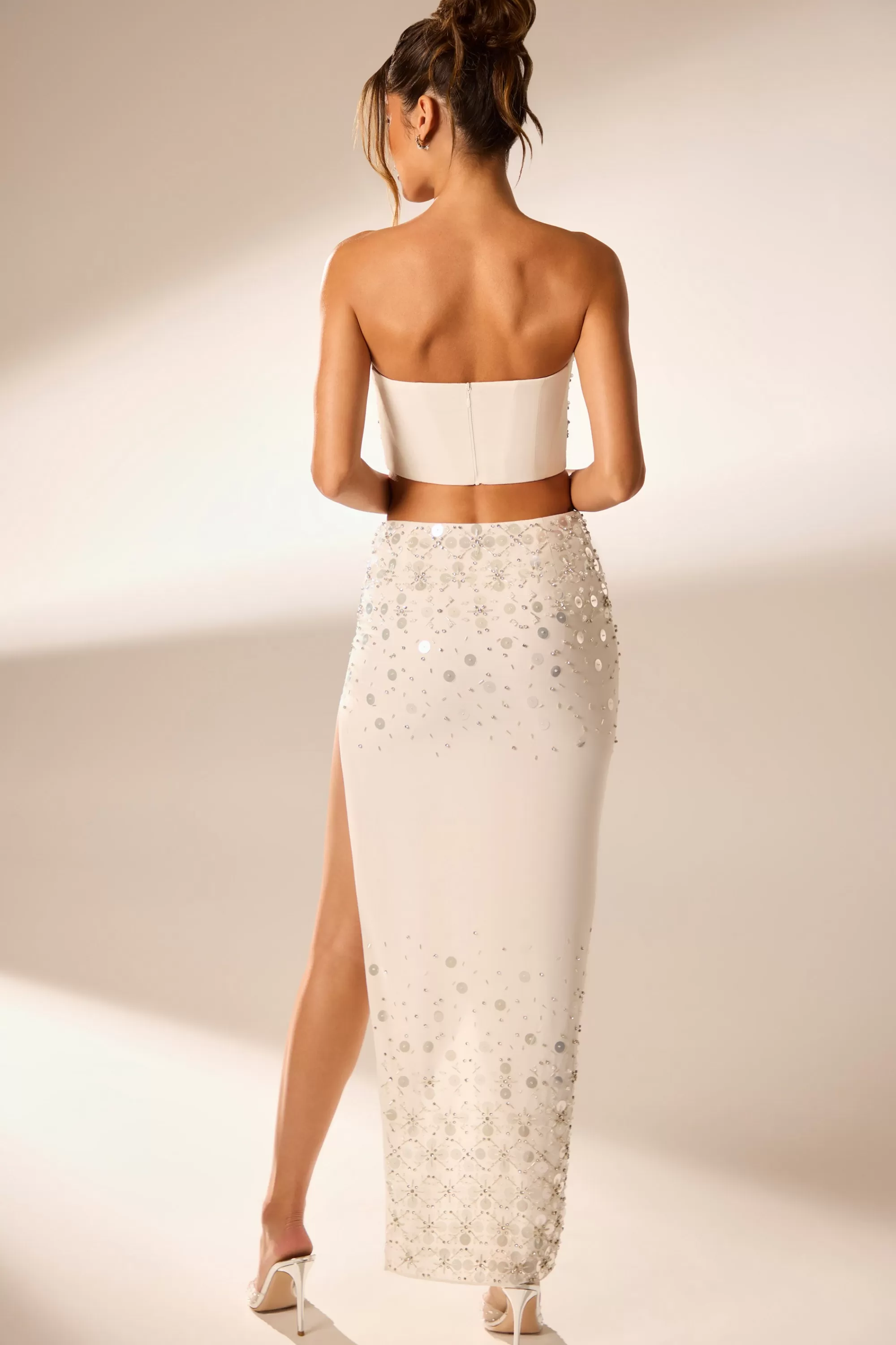 Oh Polly Hand Embellished Maxi Skirt in Ivory Sale