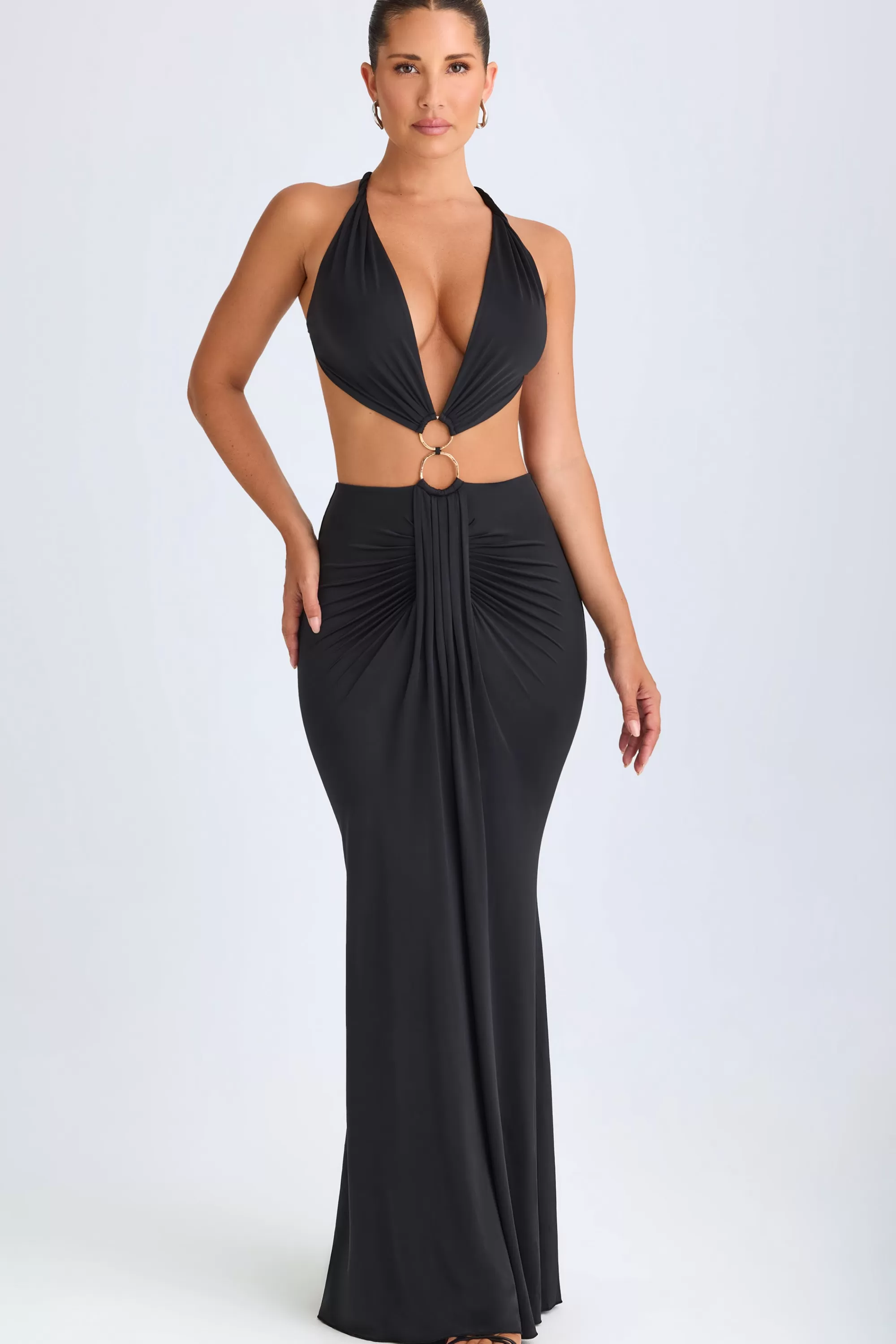 Oh Polly Hardware Detail Cut-Out Halterneck Maxi Dress in Black Hot