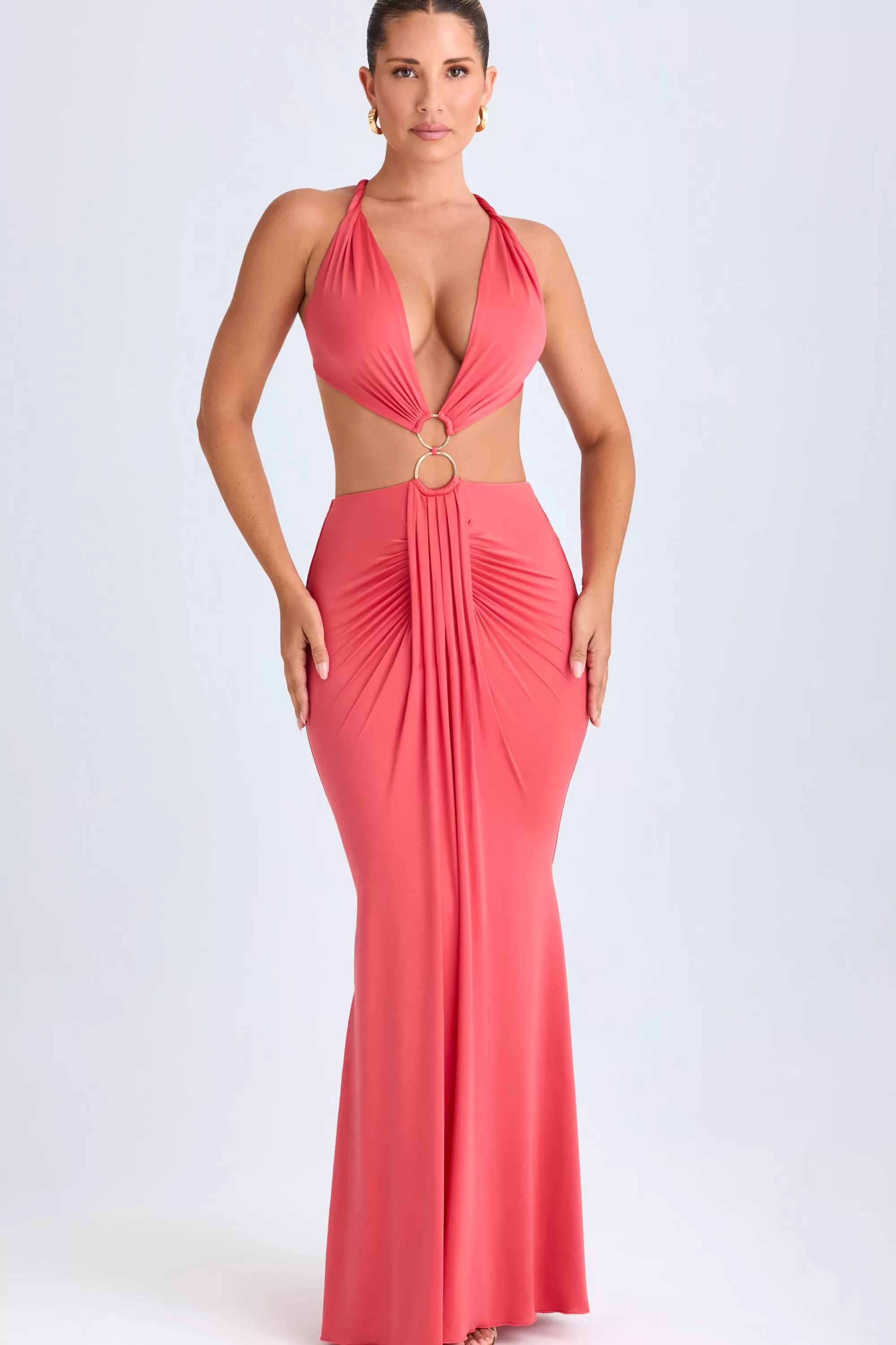 Oh Polly Hardware Detail Cut-Out Halterneck Maxi Dress in Coral Outlet