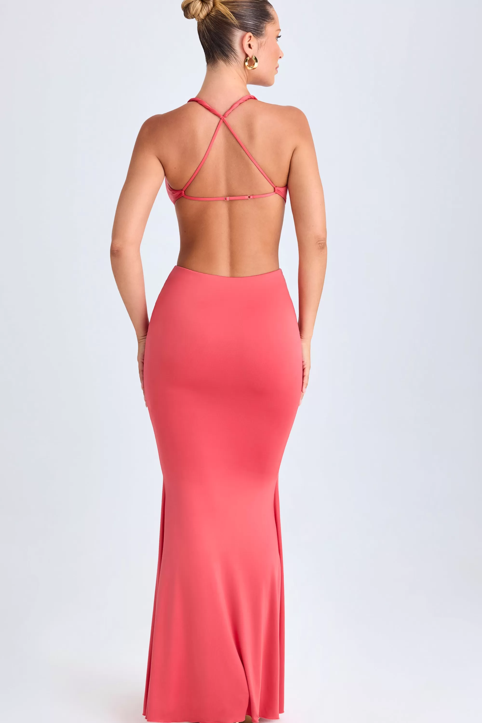 Oh Polly Hardware Detail Cut-Out Halterneck Maxi Dress in Coral Outlet