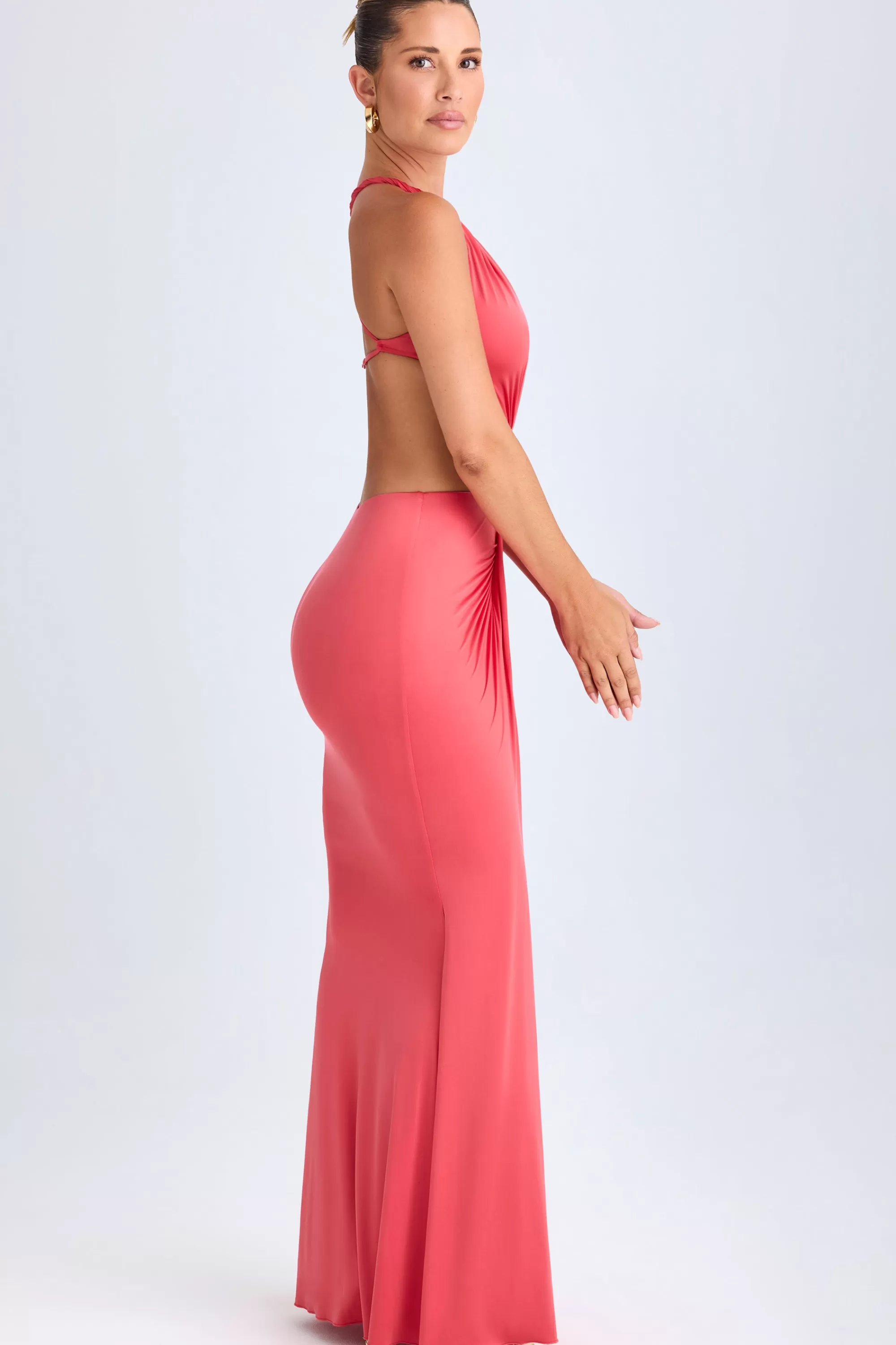Oh Polly Hardware Detail Cut-Out Halterneck Maxi Dress in Coral Outlet