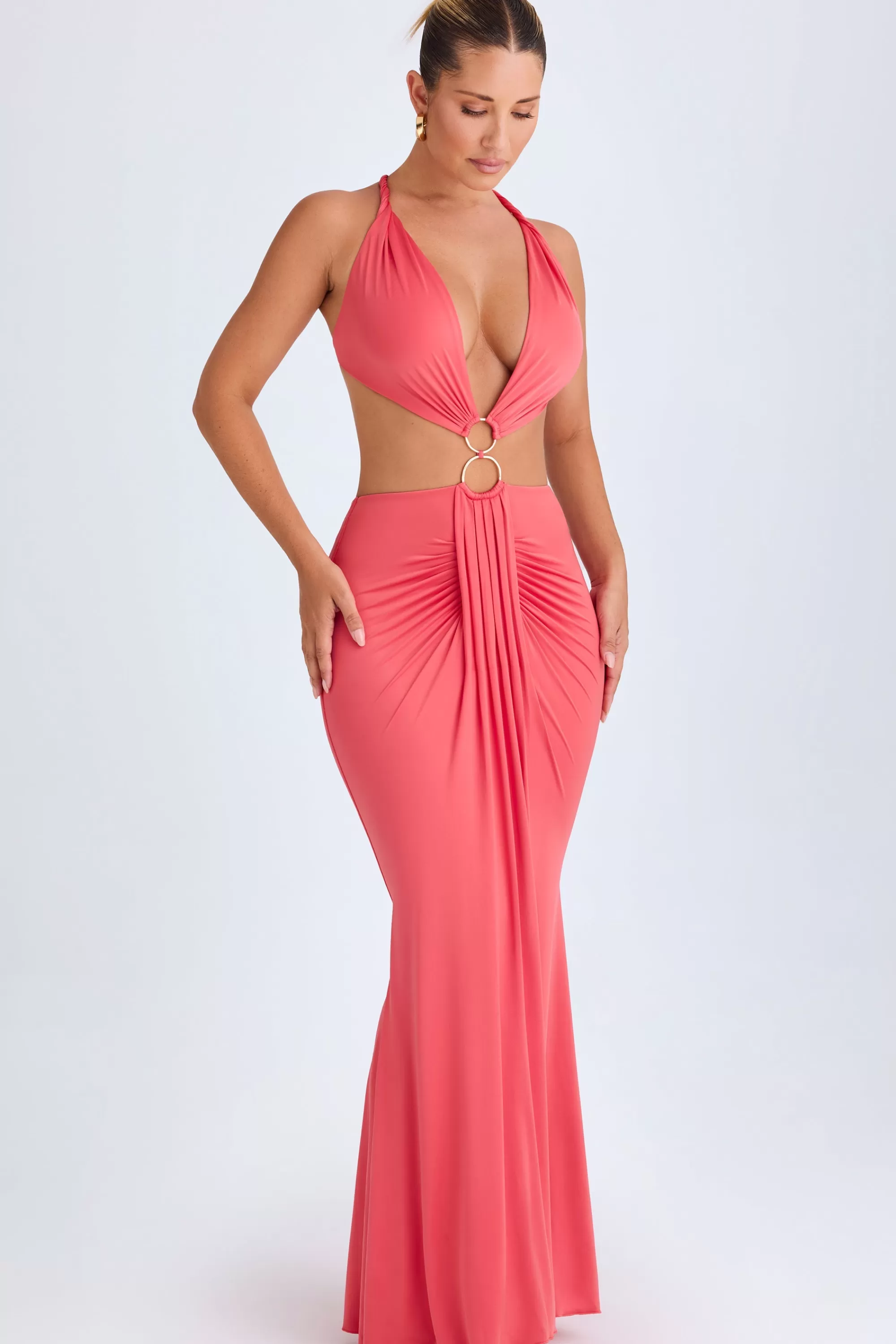 Oh Polly Hardware Detail Cut-Out Halterneck Maxi Dress in Coral Outlet