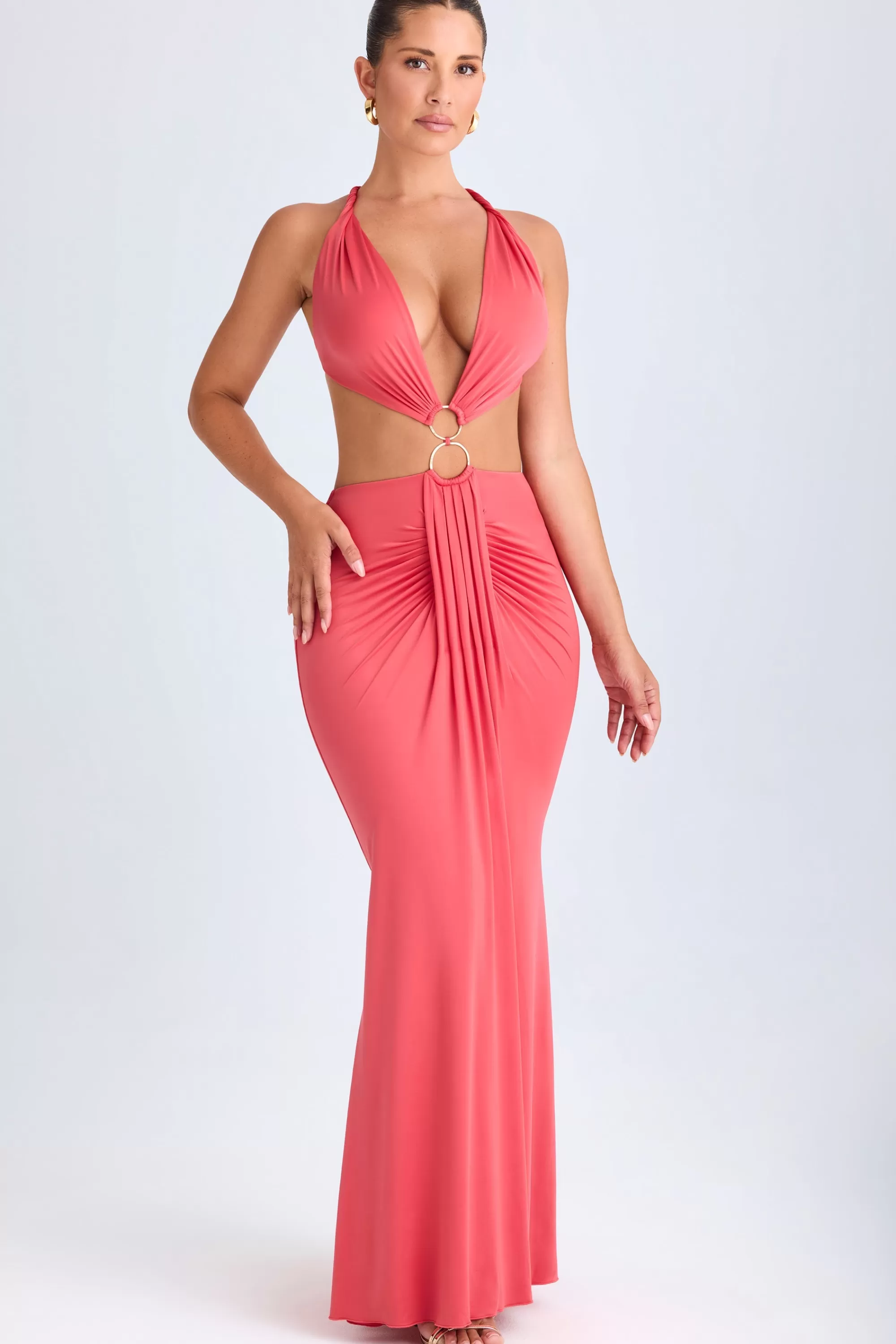 Oh Polly Hardware Detail Cut-Out Halterneck Maxi Dress in Coral Outlet