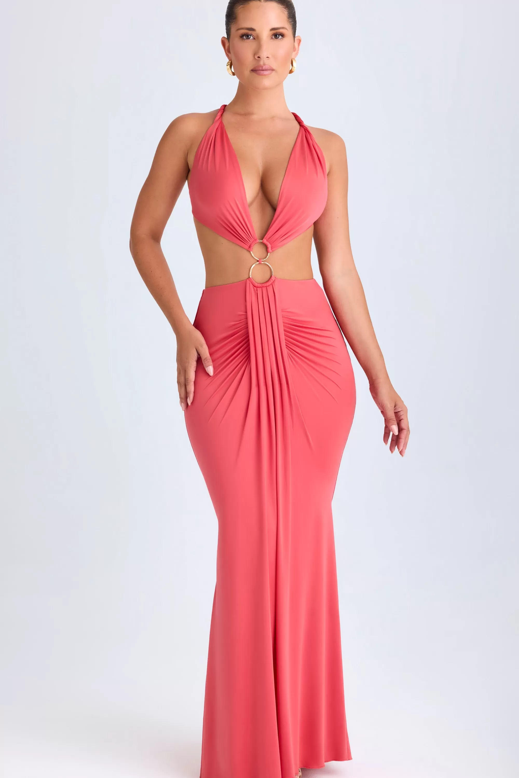 Oh Polly Hardware Detail Cut-Out Halterneck Maxi Dress in Coral Outlet