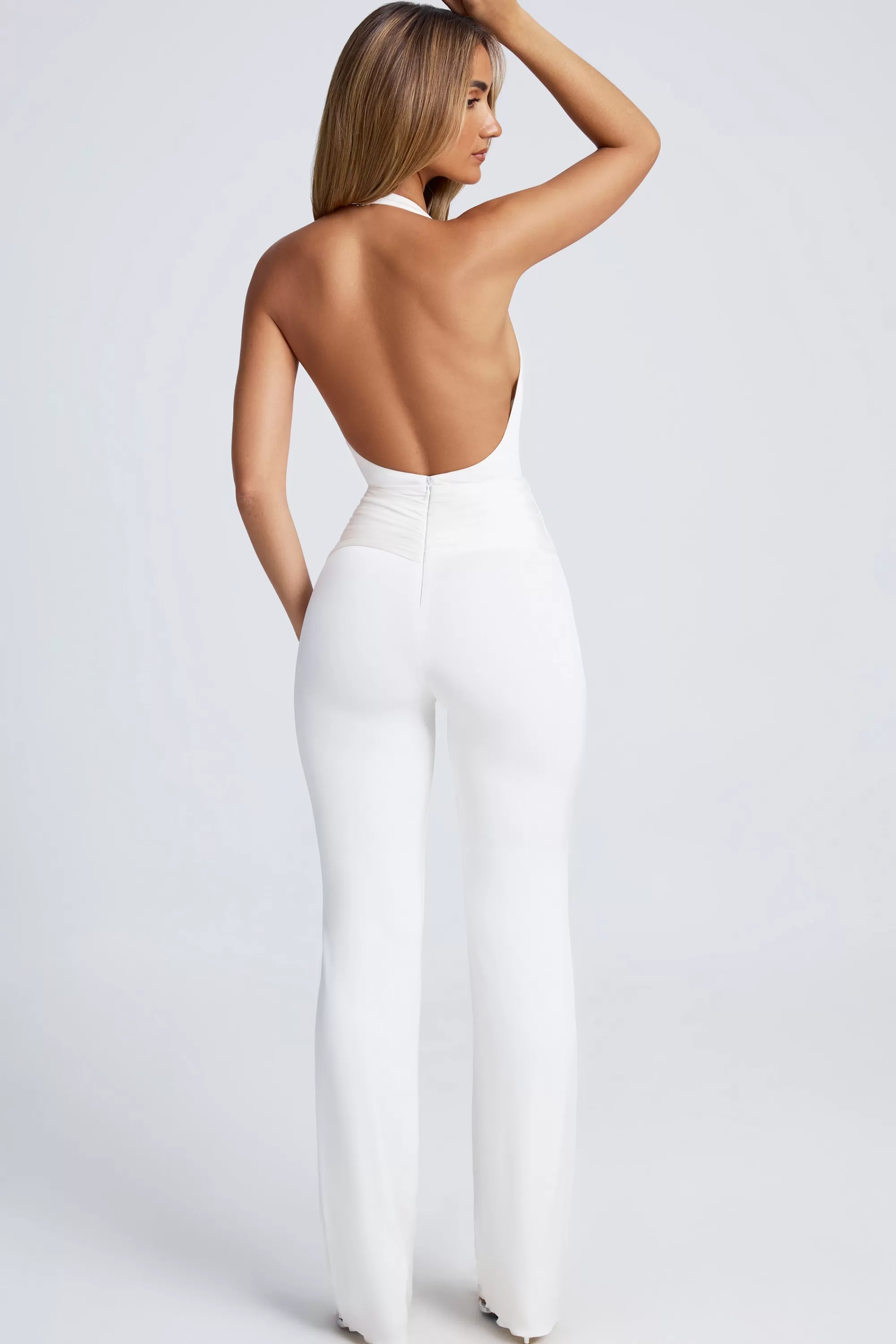 Oh Polly Hardware Detail Plunge Halterneck Jumpsuit in White Cheap