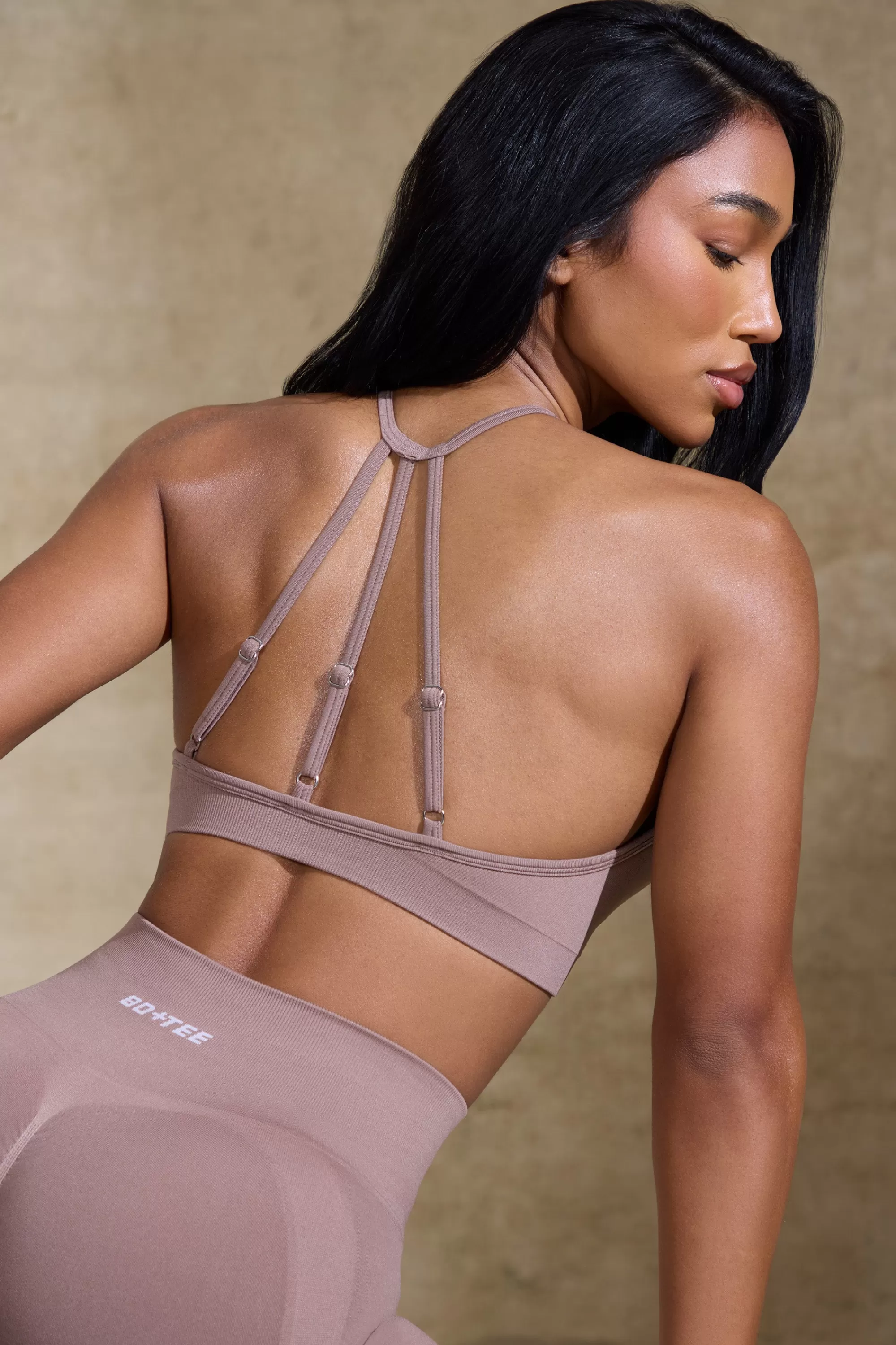 Oh Polly High Neck Open Back Define Luxe Sports Bra in Mocha Tan Fashion