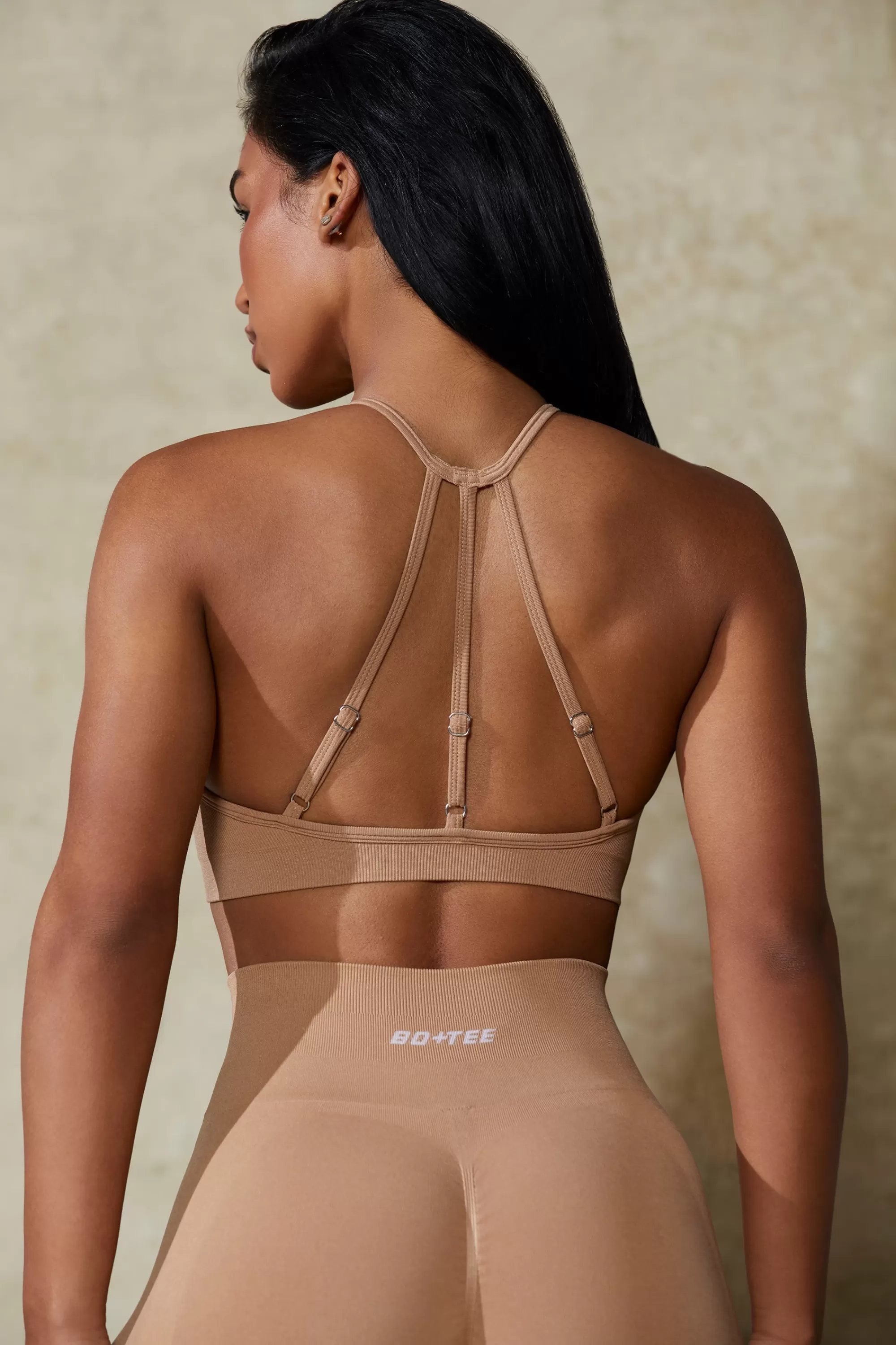 Oh Polly High Neck Open Back Define Luxe Sports Bra in Warm Taupe WarmTaupe Discount