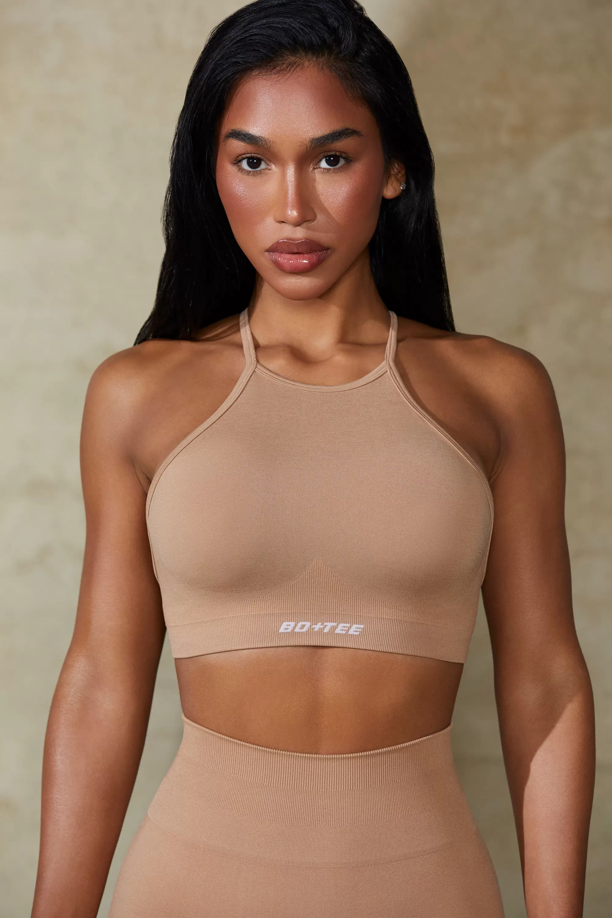 Oh Polly High Neck Open Back Define Luxe Sports Bra in Warm Taupe WarmTaupe Discount