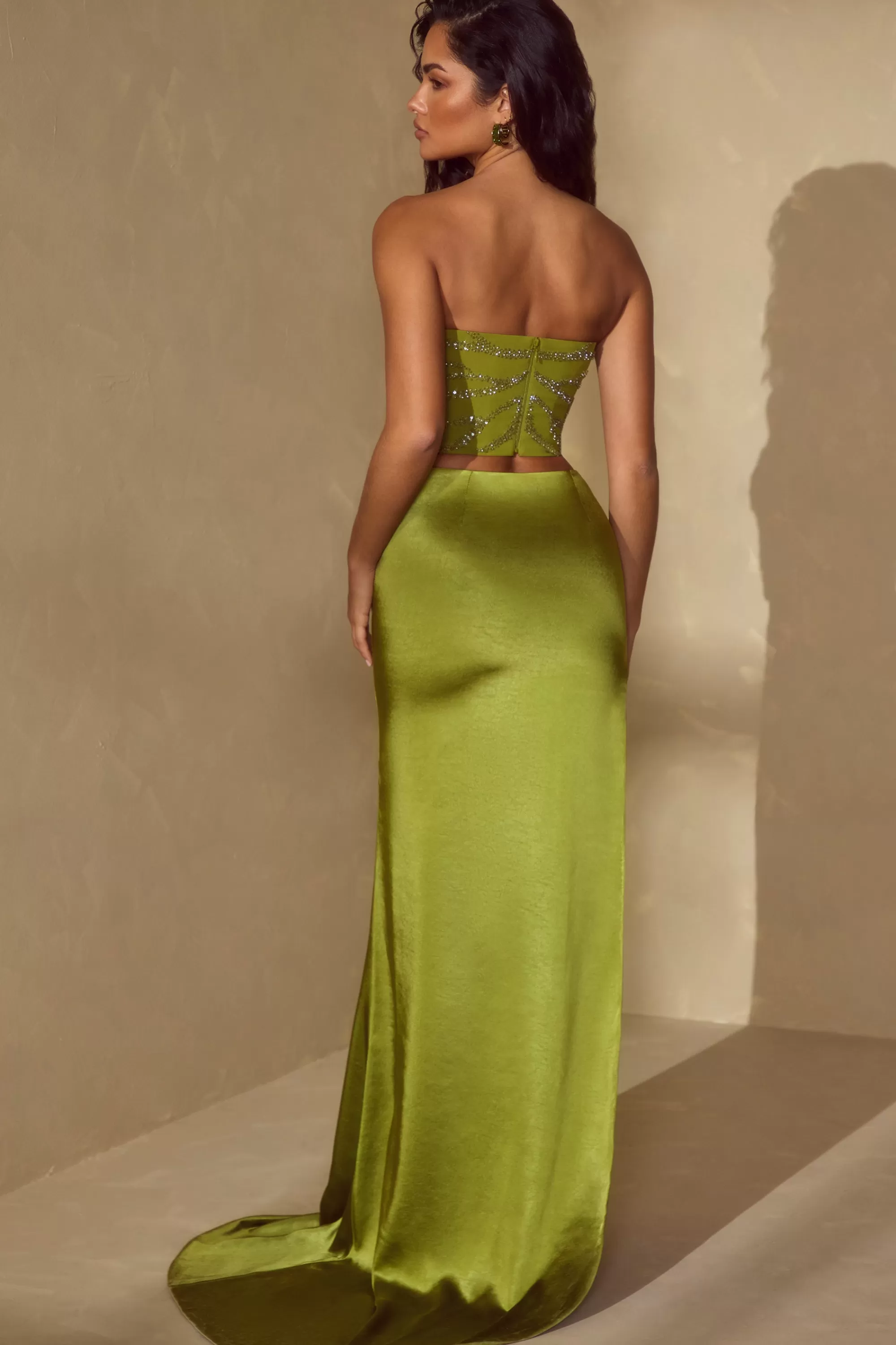 Oh Polly High Slit Gown Length Skirt with Train in Olive Clearance