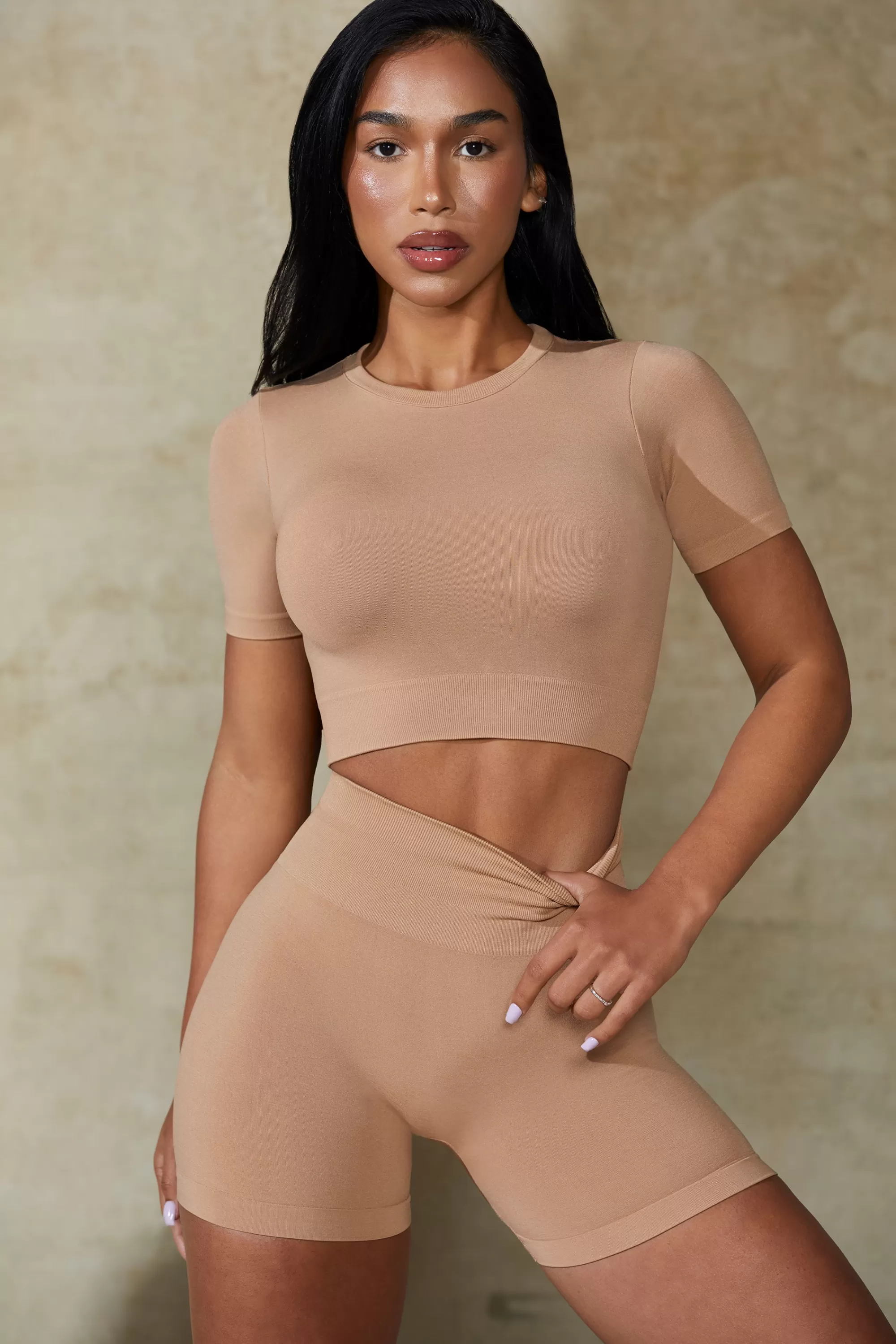 Oh Polly High Waist Define Luxe Mini Shorts in Warm Taupe Best