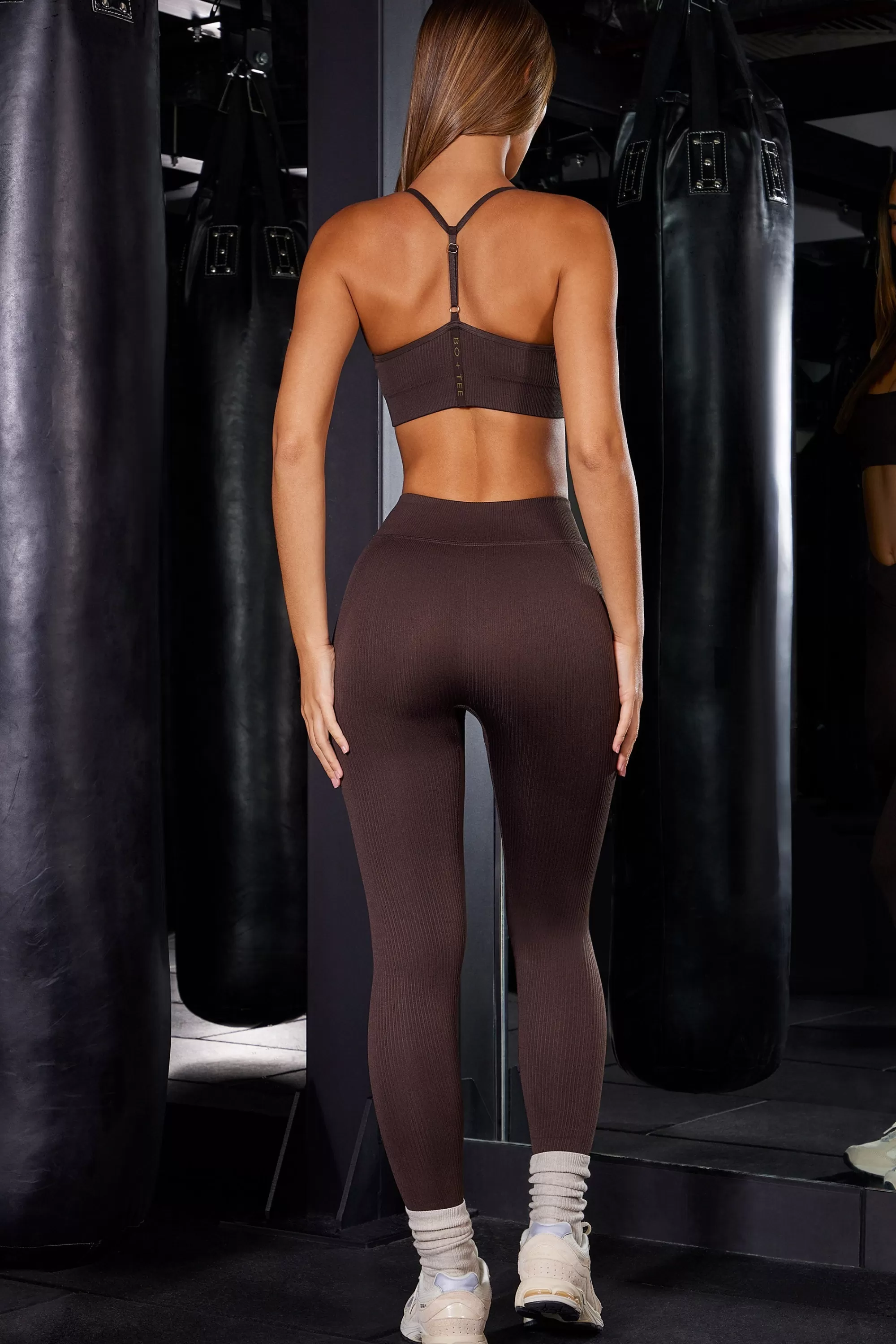 Oh Polly High Waist Ribbed Leggings in Brown Outlet