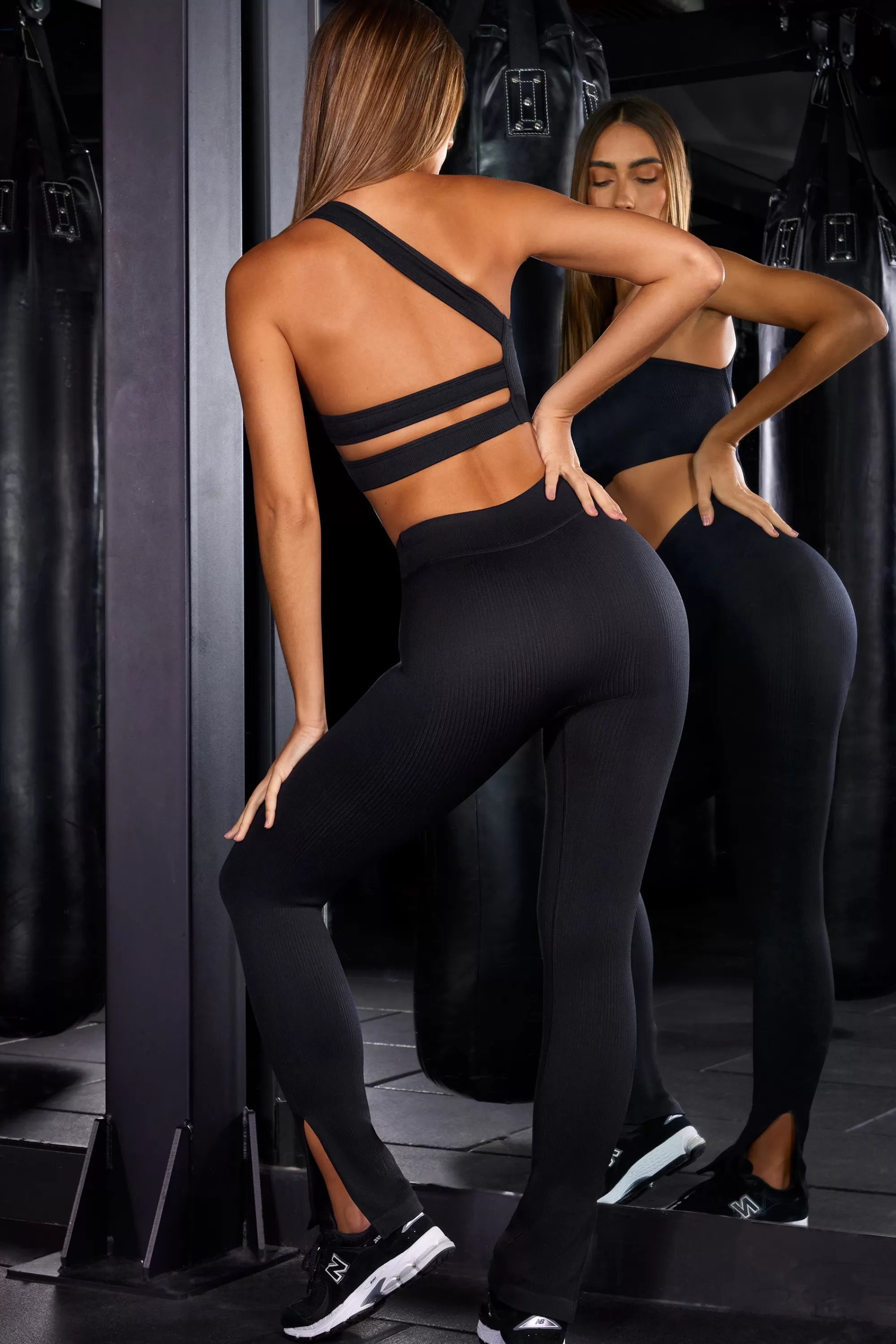 Oh Polly High Waist Split Flare Ribbed Leggings in Black Flash Sale