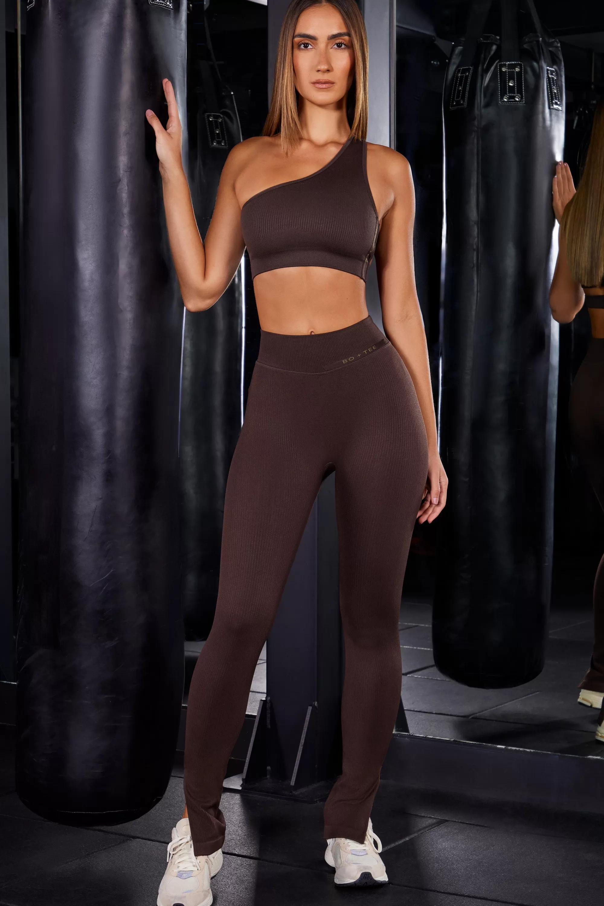 Oh Polly High Waist Split Flare Ribbed Leggings in Brown Sale