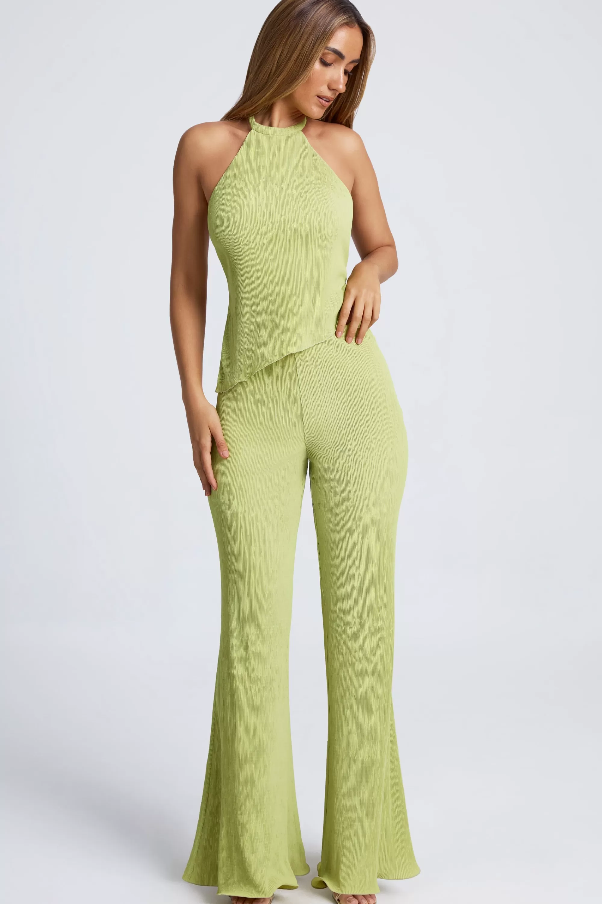 Oh Polly High-Waist Wide-Leg Trousers in Olive Green OliveGreen Cheap