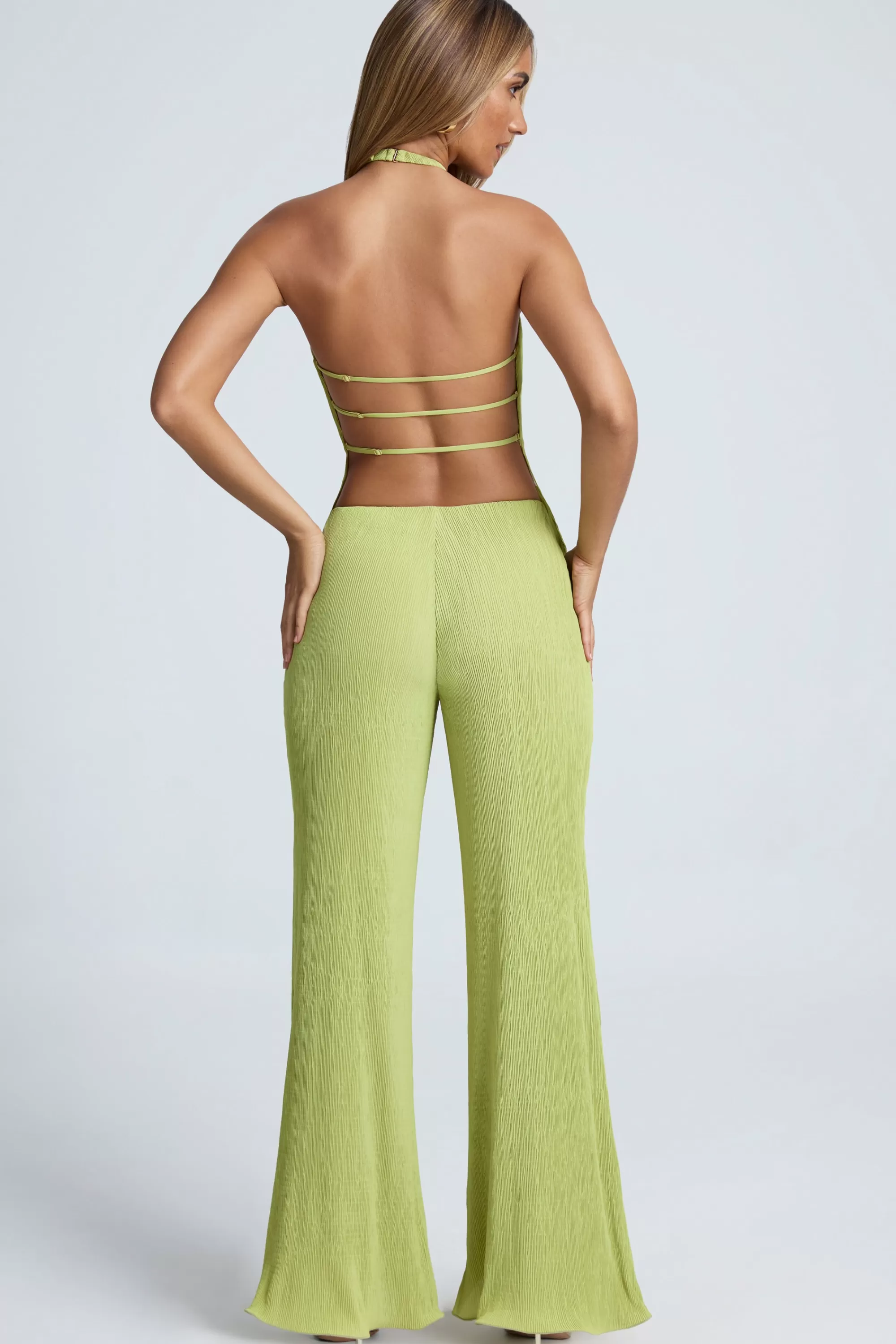 Oh Polly High-Waist Wide-Leg Trousers in Olive Green OliveGreen Cheap