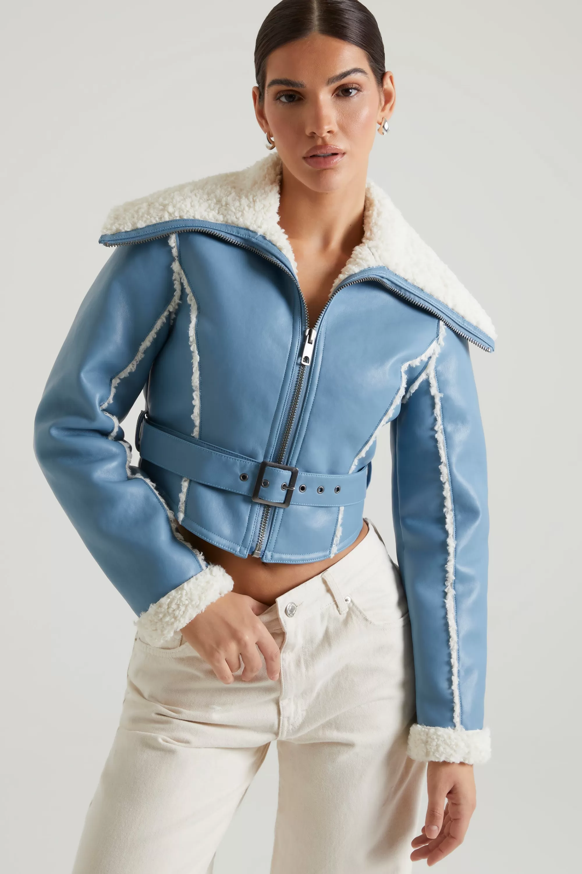 Oh Polly Jacket with Shearling Collar and Trim in Blue Outlet