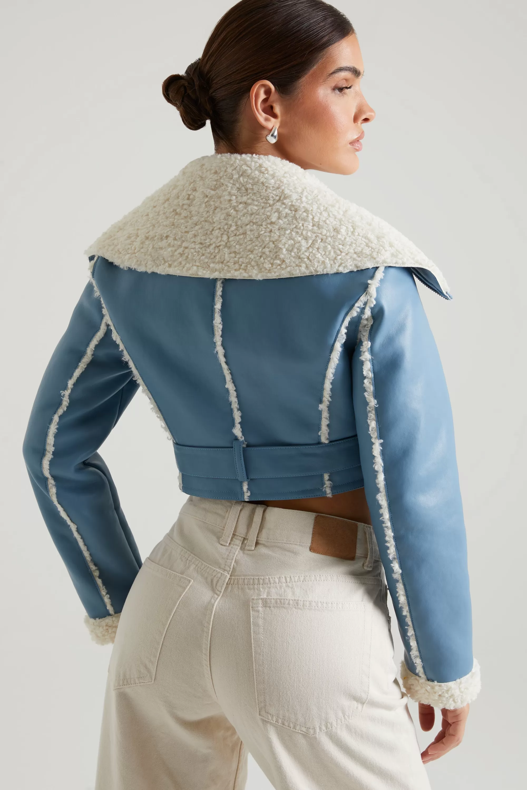 Oh Polly Jacket with Shearling Collar and Trim in Blue Outlet