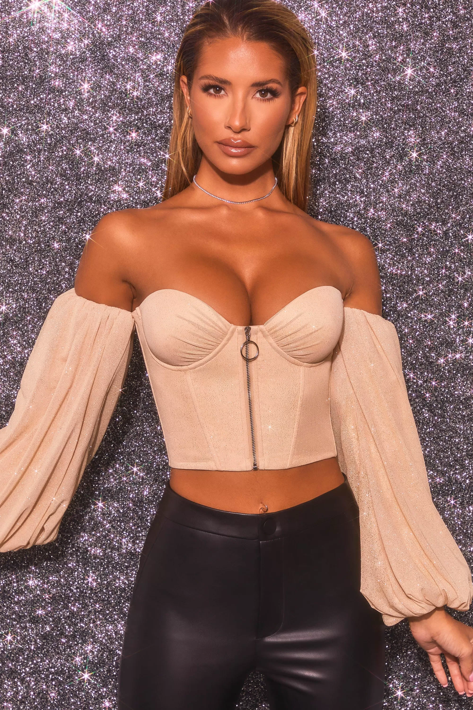 Oh Polly Keep On Shining Bardot Puff Sleeve Crop Top in Gold Cheap