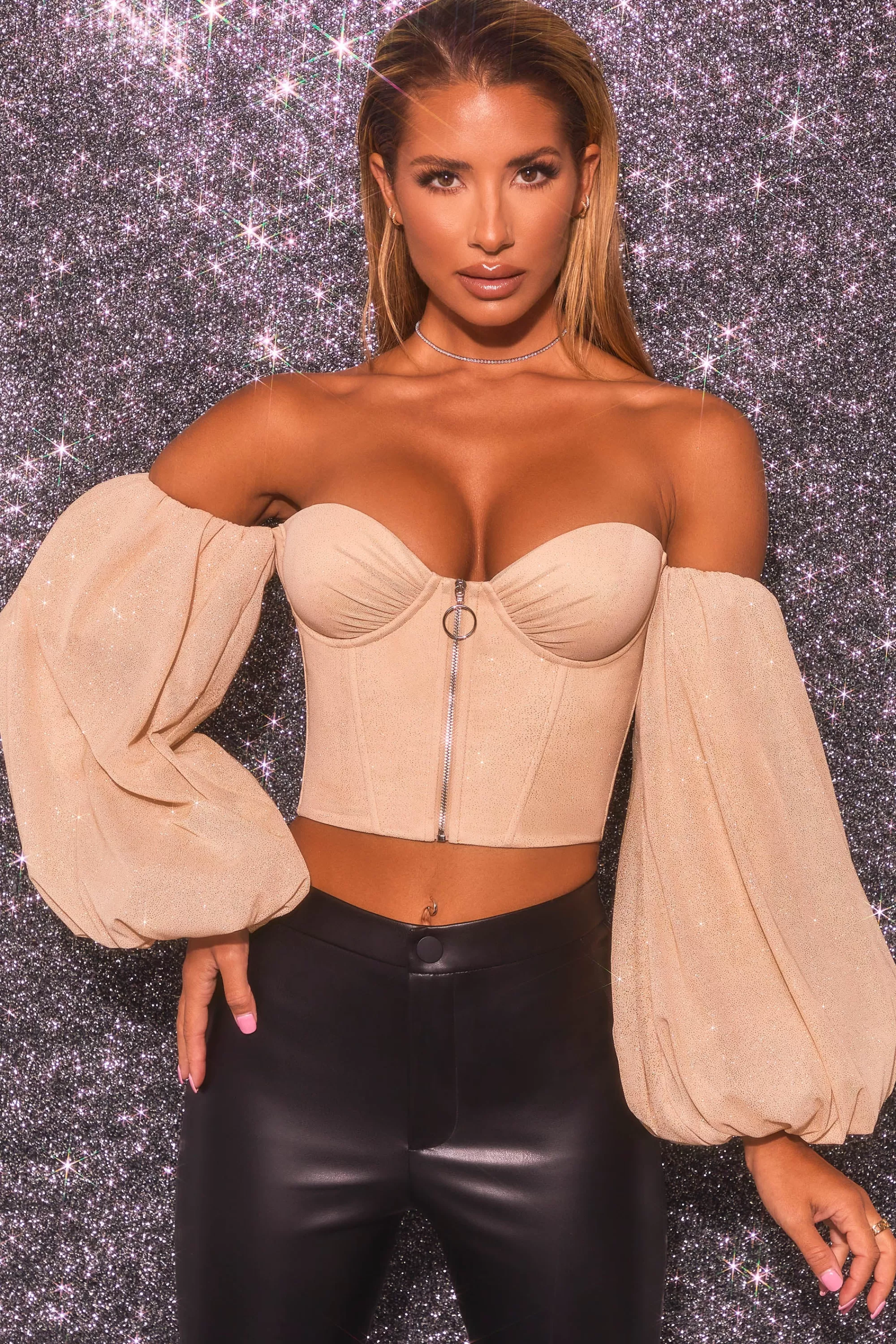 Oh Polly Keep On Shining Bardot Puff Sleeve Crop Top in Gold Cheap