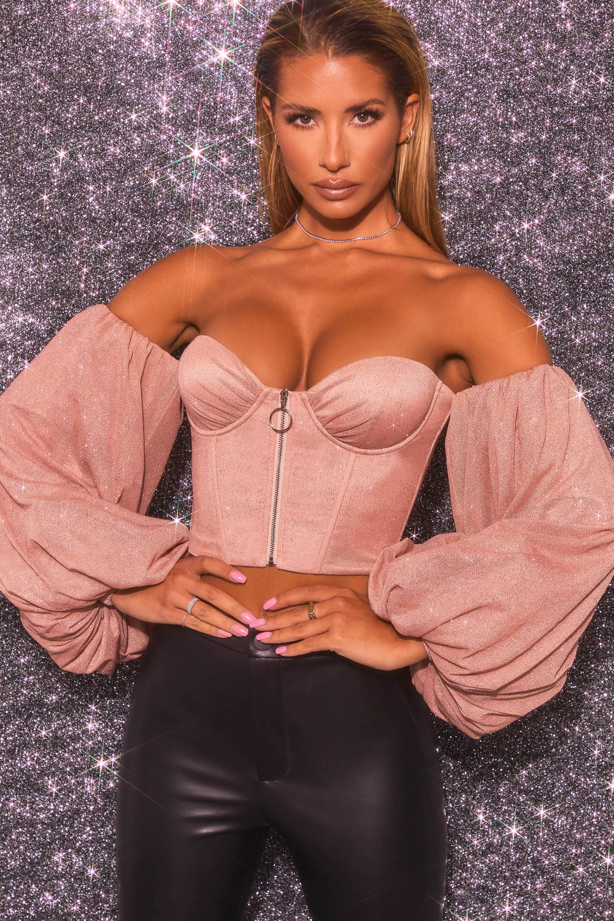 Oh Polly Keep On Shining Bardot Puff Sleeve Crop Top in Rose Gold Sale