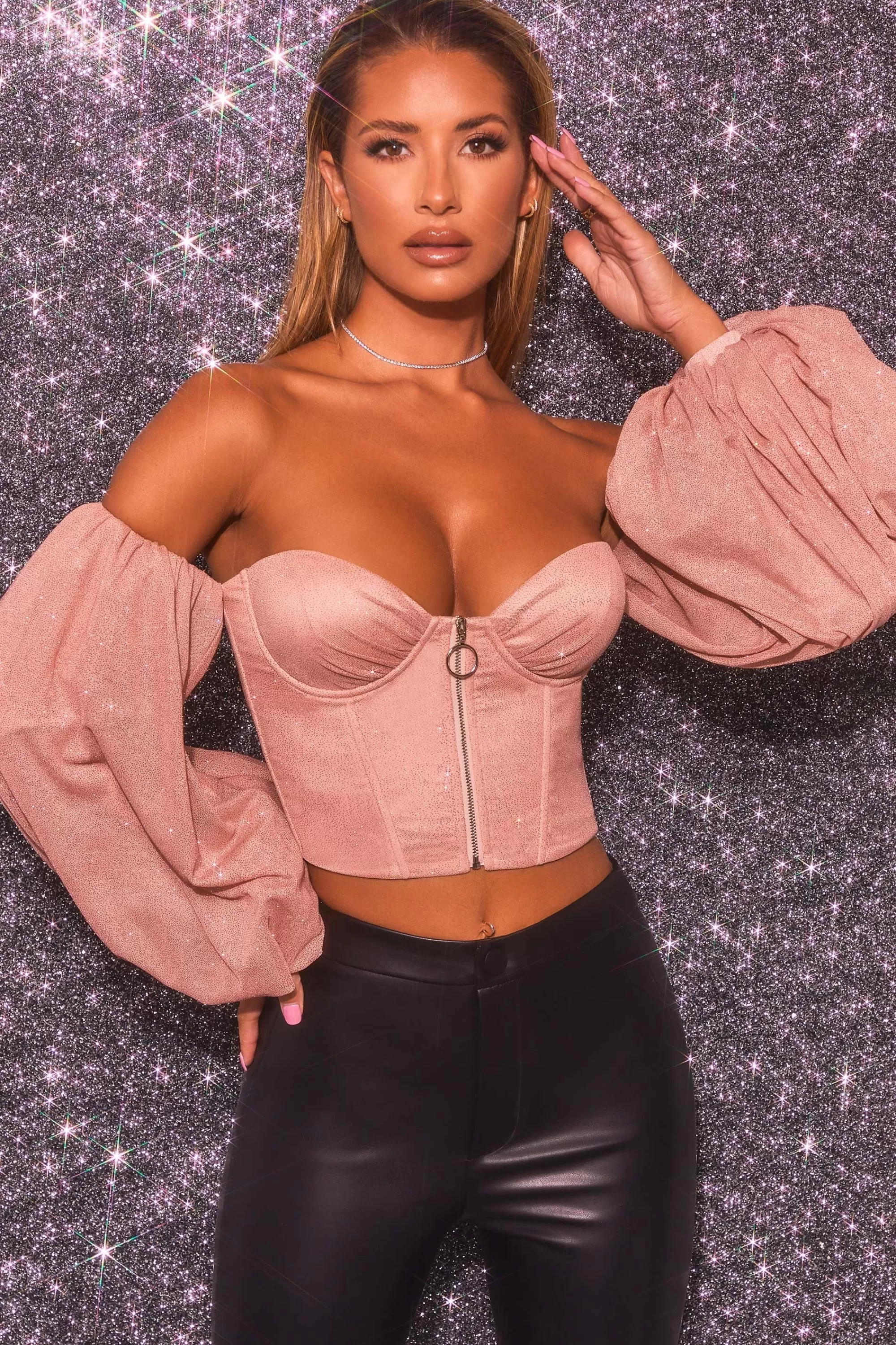 Oh Polly Keep On Shining Bardot Puff Sleeve Crop Top in Rose Gold Sale