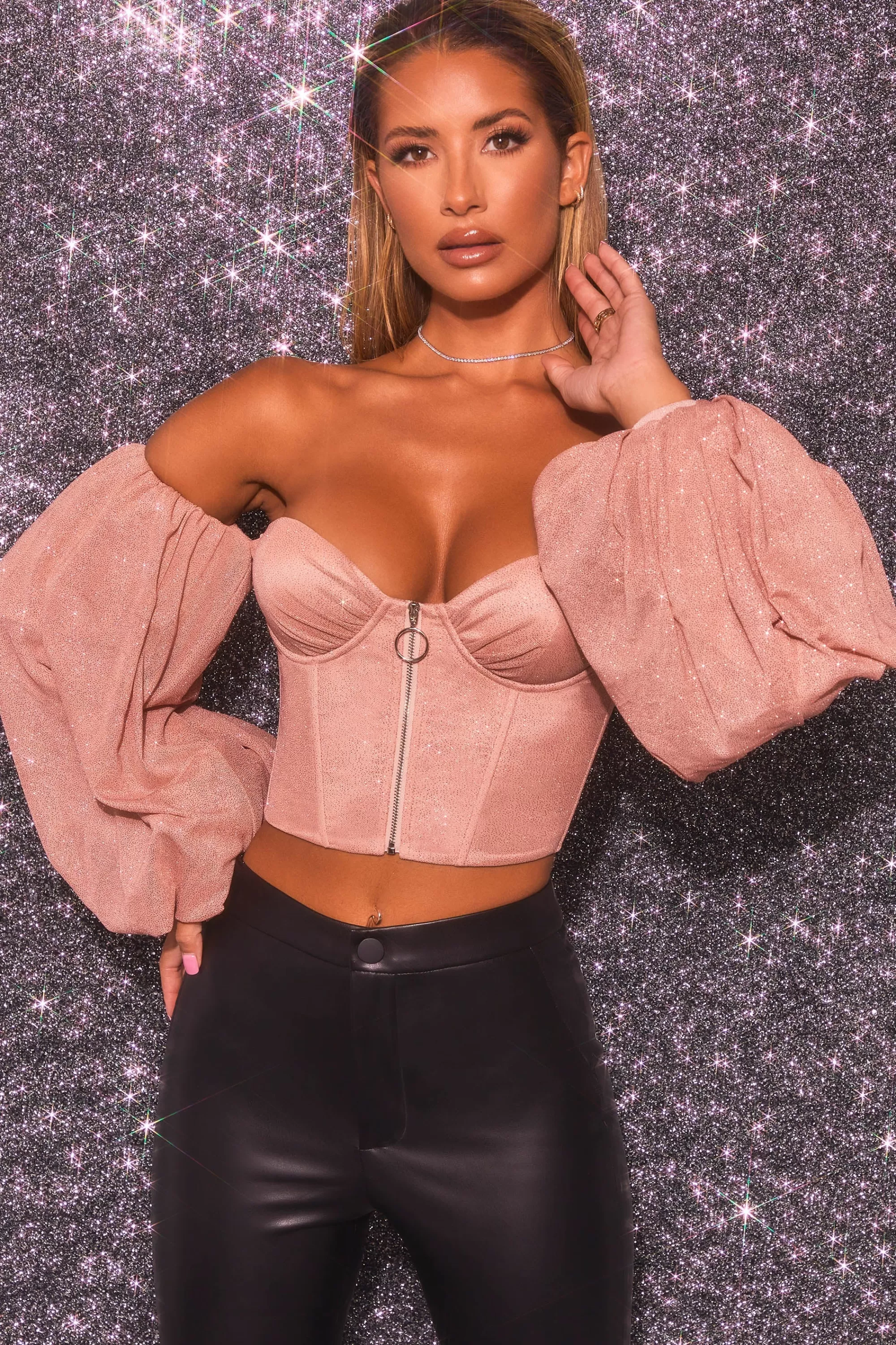 Oh Polly Keep On Shining Bardot Puff Sleeve Crop Top in Rose Gold Sale