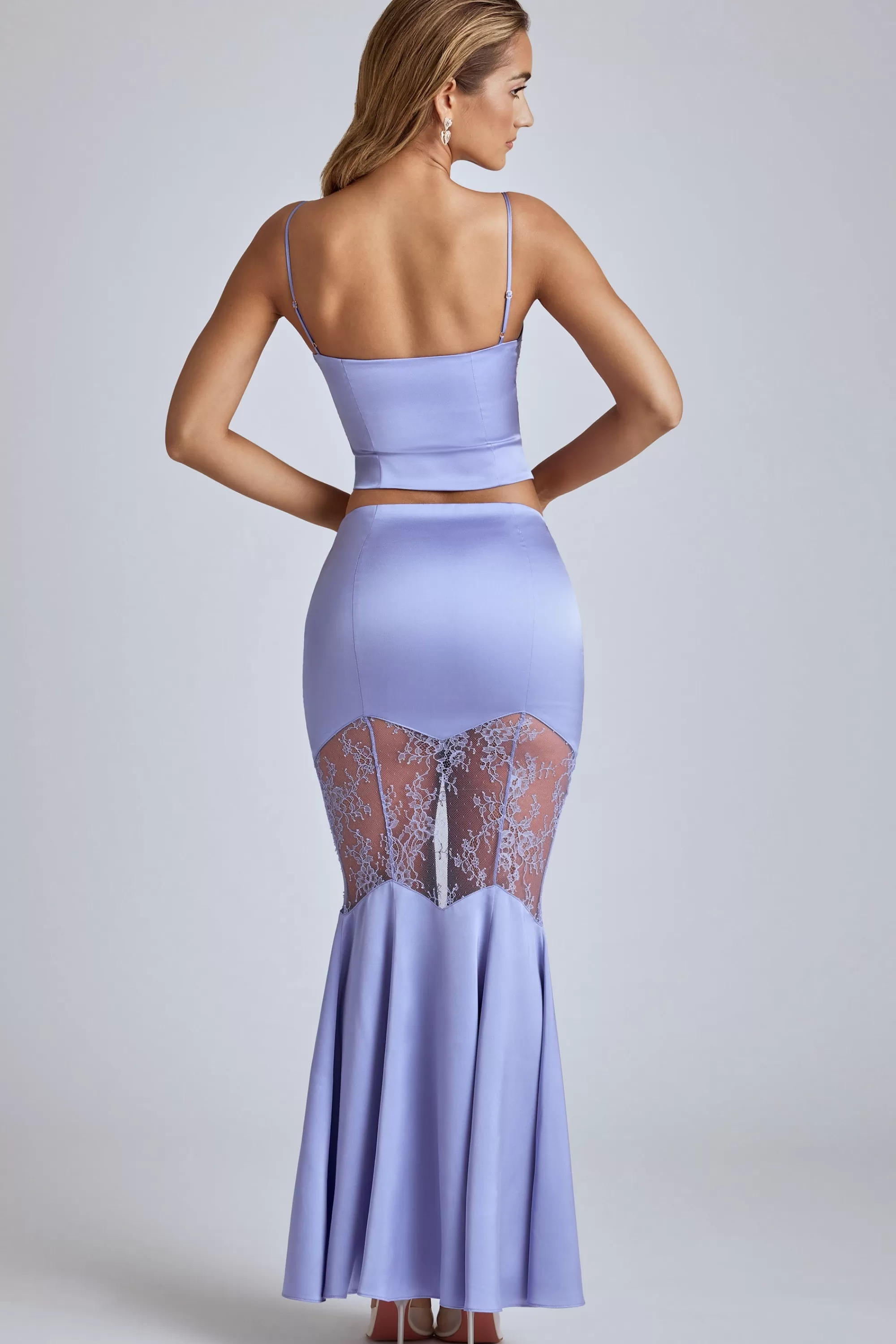 Oh Polly Lace Panel Fishtail Gown Skirt in Blue Lavender BlueLavender Hot