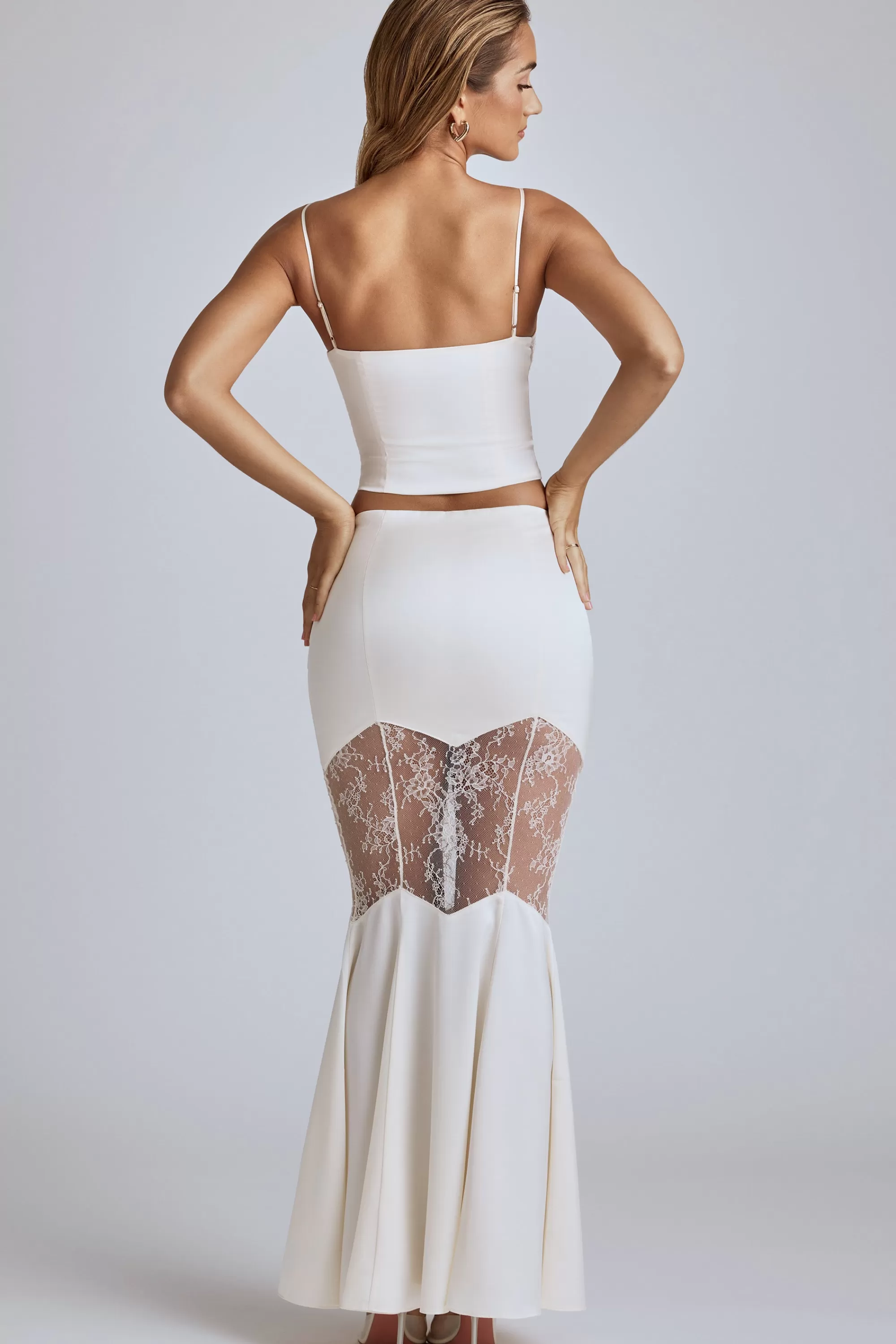 Oh Polly Lace Panel Fishtail Gown Skirt in Ivory Best Sale