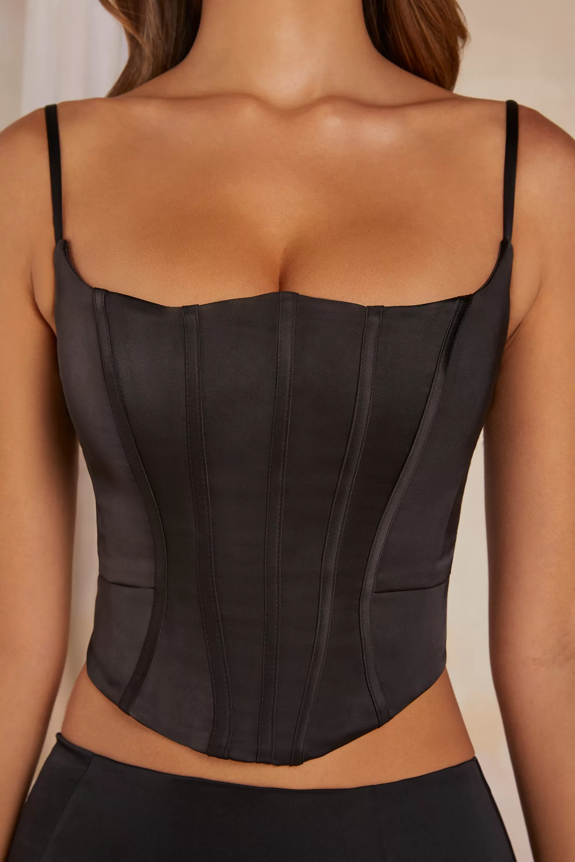 Oh Polly Lace Up Back Satin Corset in Black Online