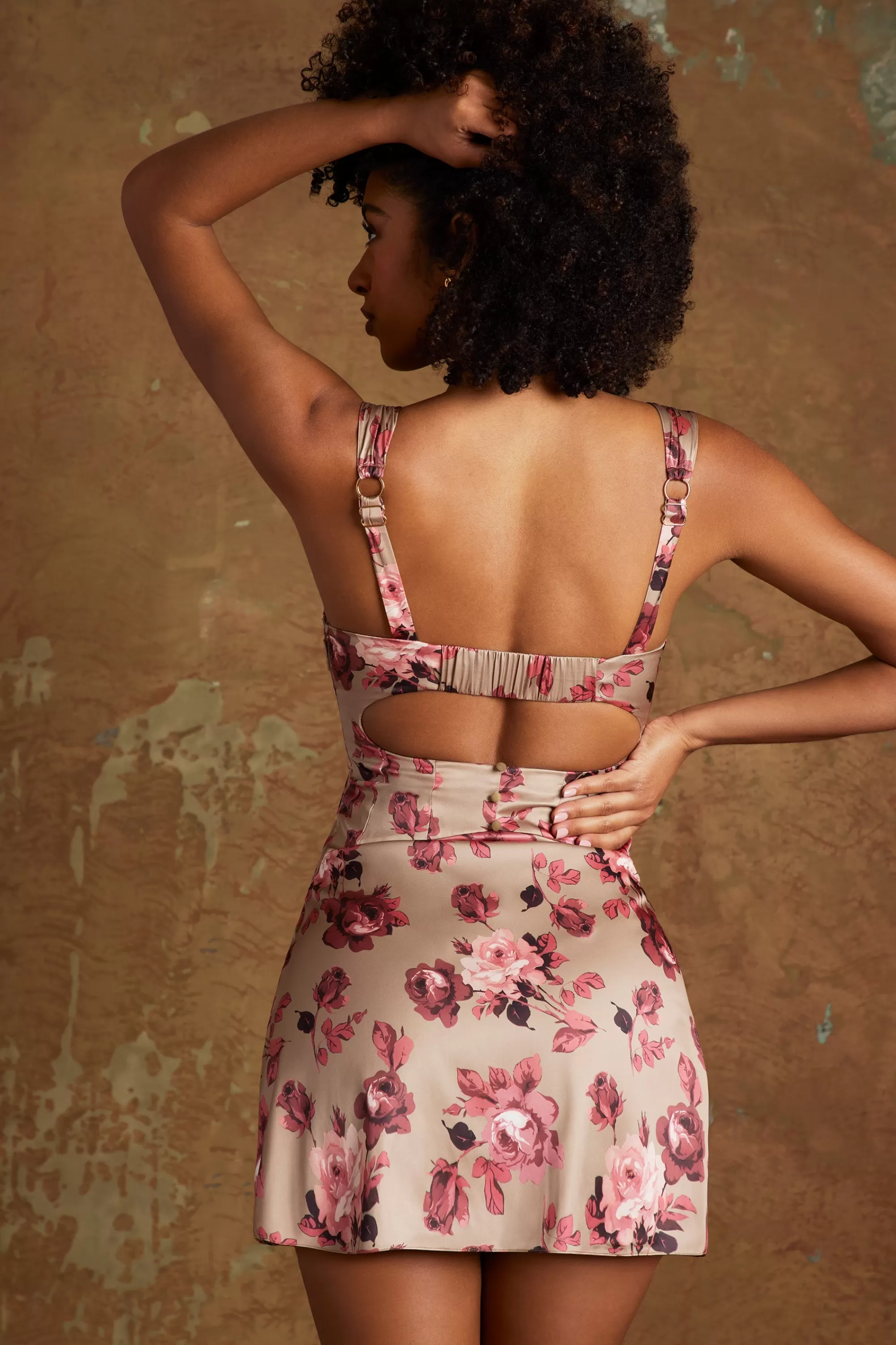 Oh Polly Lace Up Corset Mini Dress in Beige Print BeigePrint Shop
